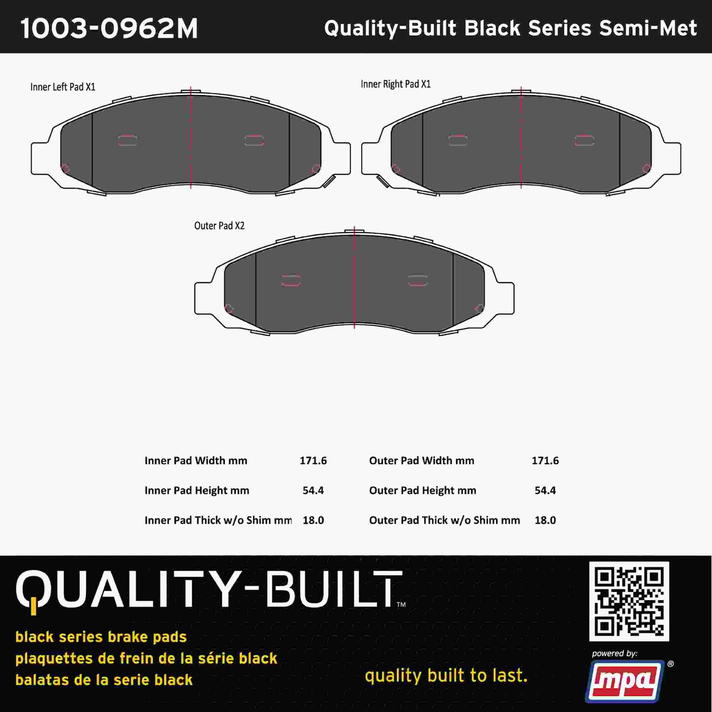 Quality-Built Black Series Semi-Metallic Brake Pads 1003-0962M