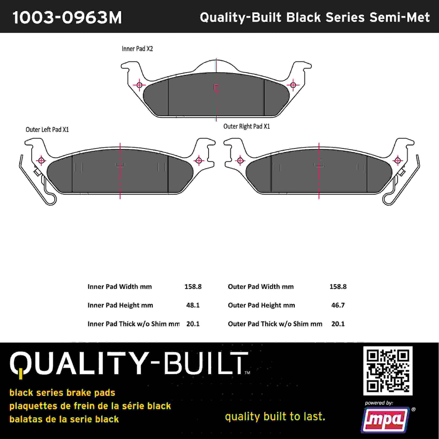 Quality-Built Black Series Semi-Metallic Brake Pads 1003-0963M
