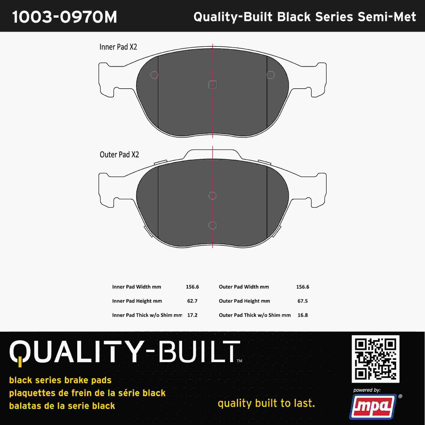Quality-Built Black Series Semi-Metallic Brake Pads 1003-0970M