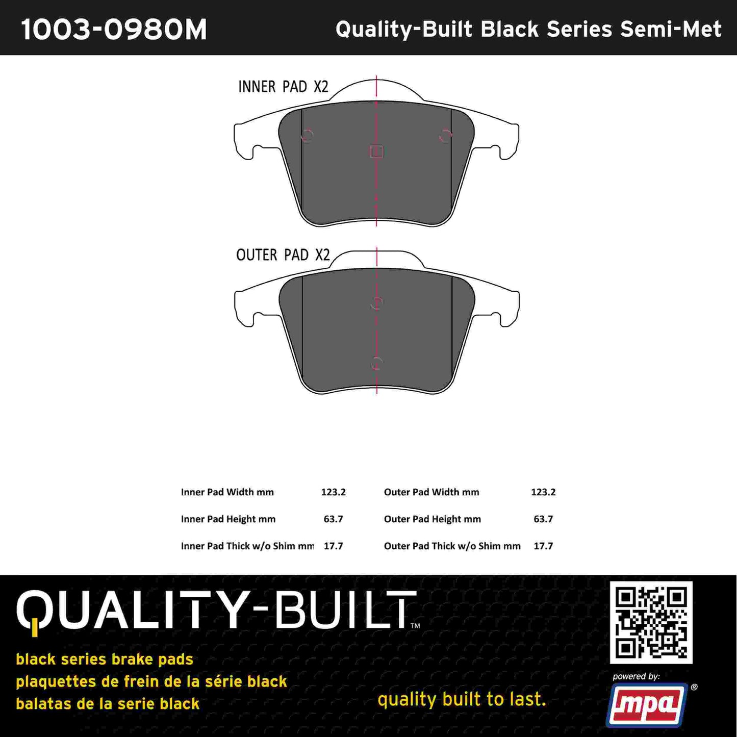 Quality-Built Black Series Semi-Metallic Brake Pads 1003-0980M