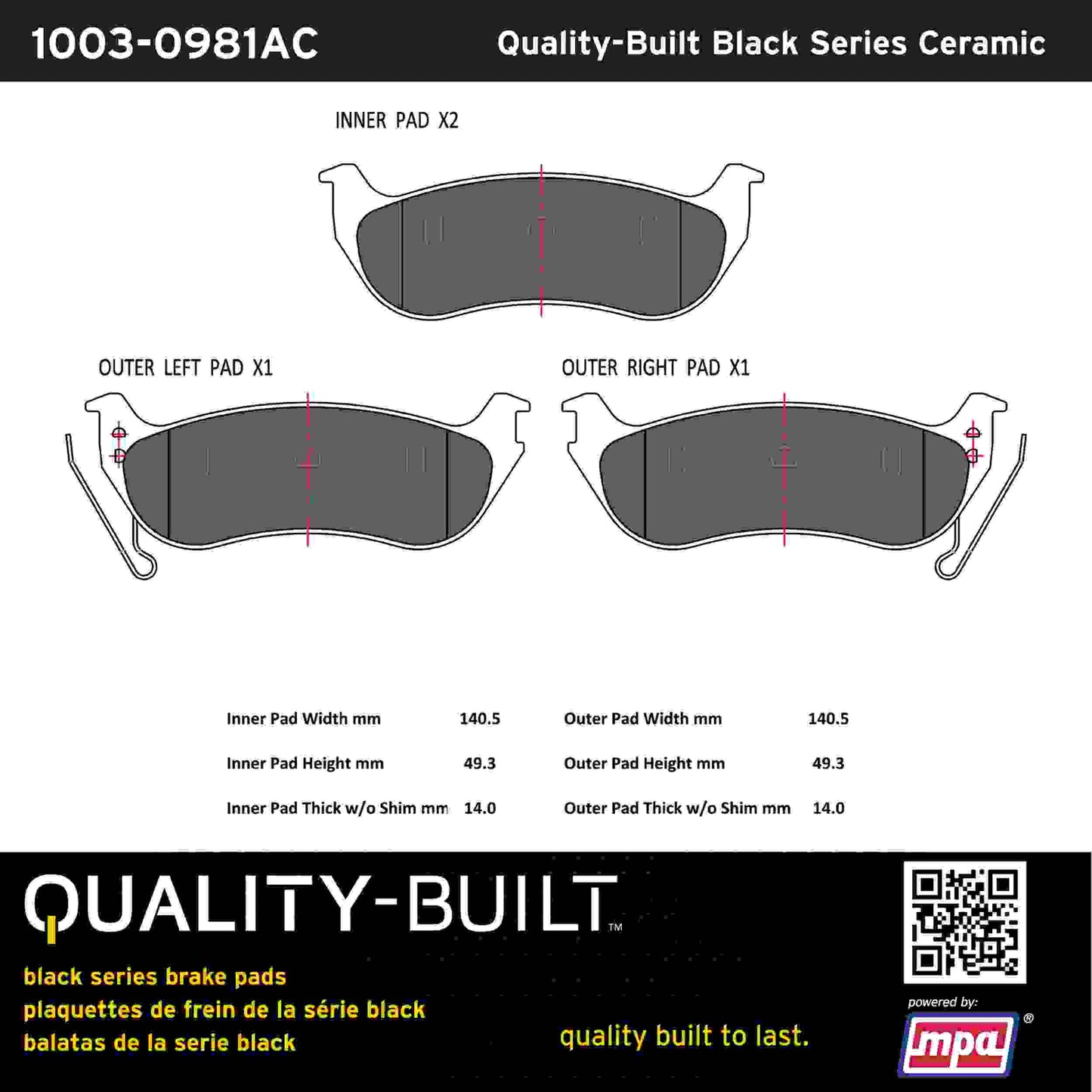 Quality-Built Black Series Ceramic Brake Pads 1003-0981AC