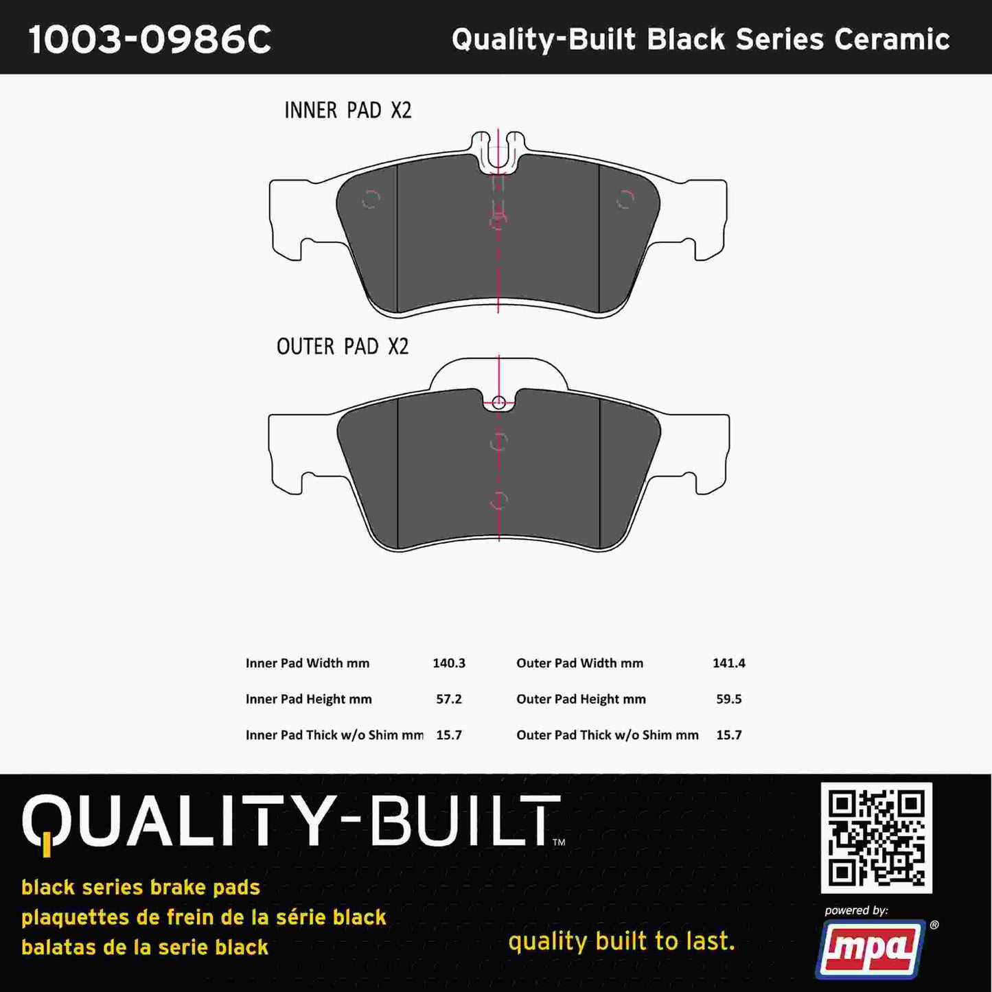Quality-Built Black Series Ceramic Brake Pads 1003-0986C