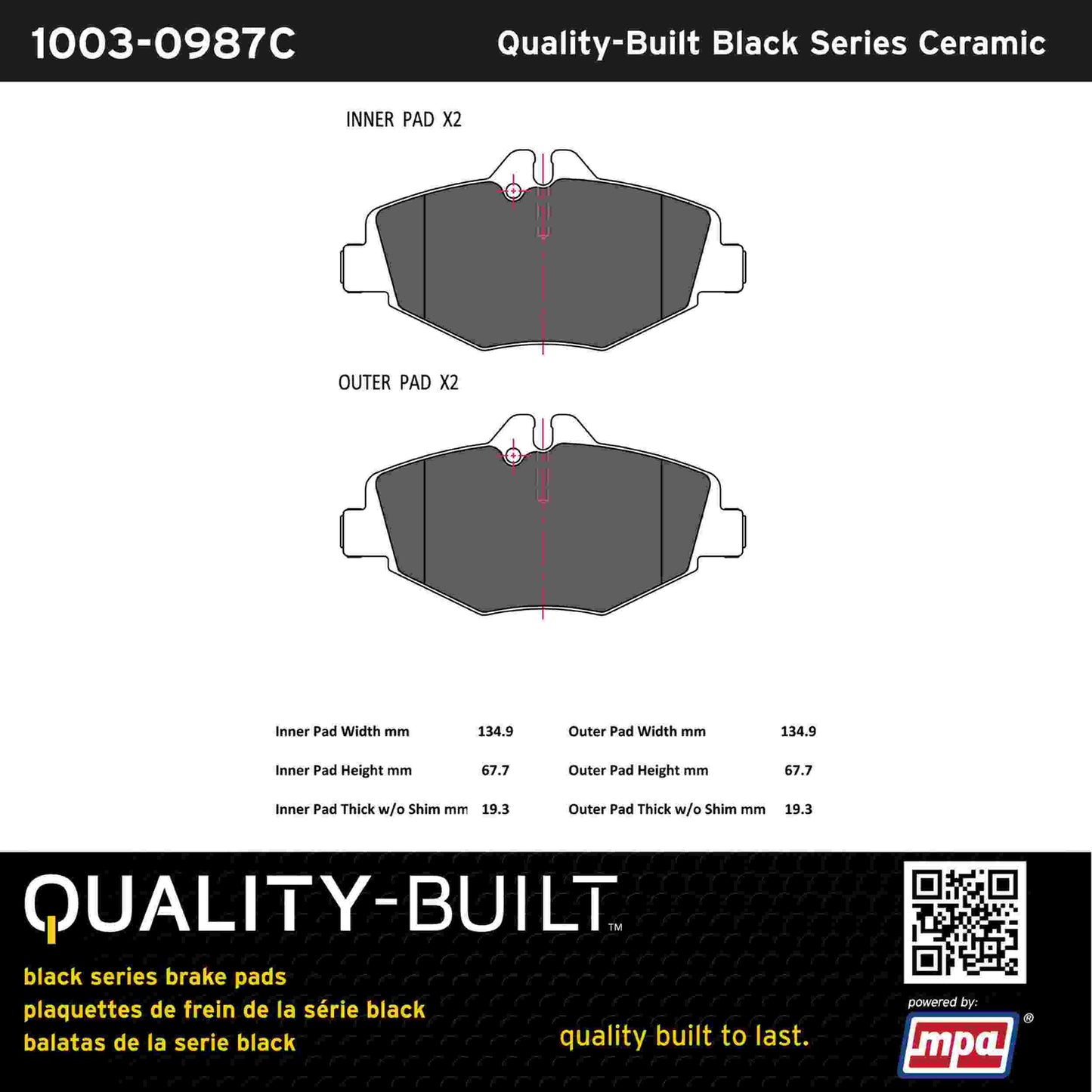 Quality-Built Black Series Ceramic Brake Pads 1003-0987C