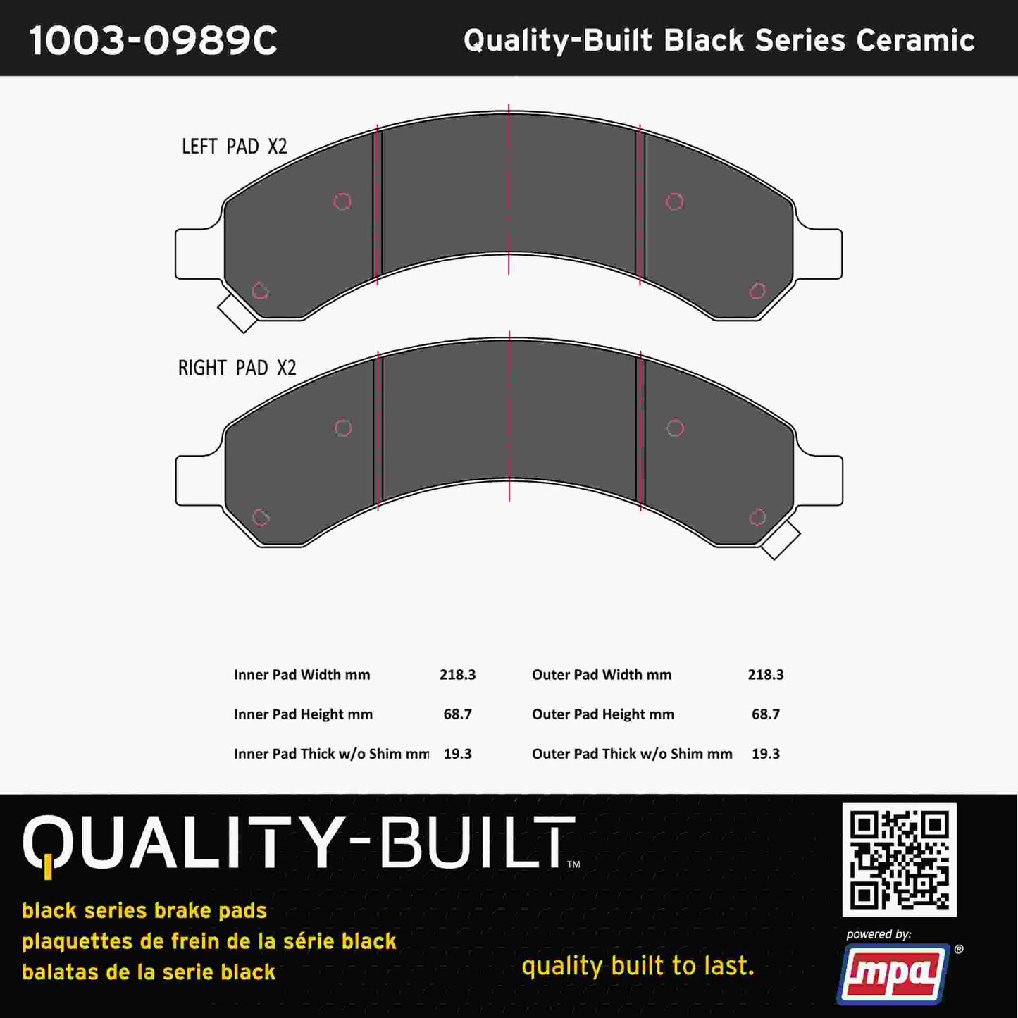 Quality-Built Black Series Ceramic Brake Pads 1003-0989C