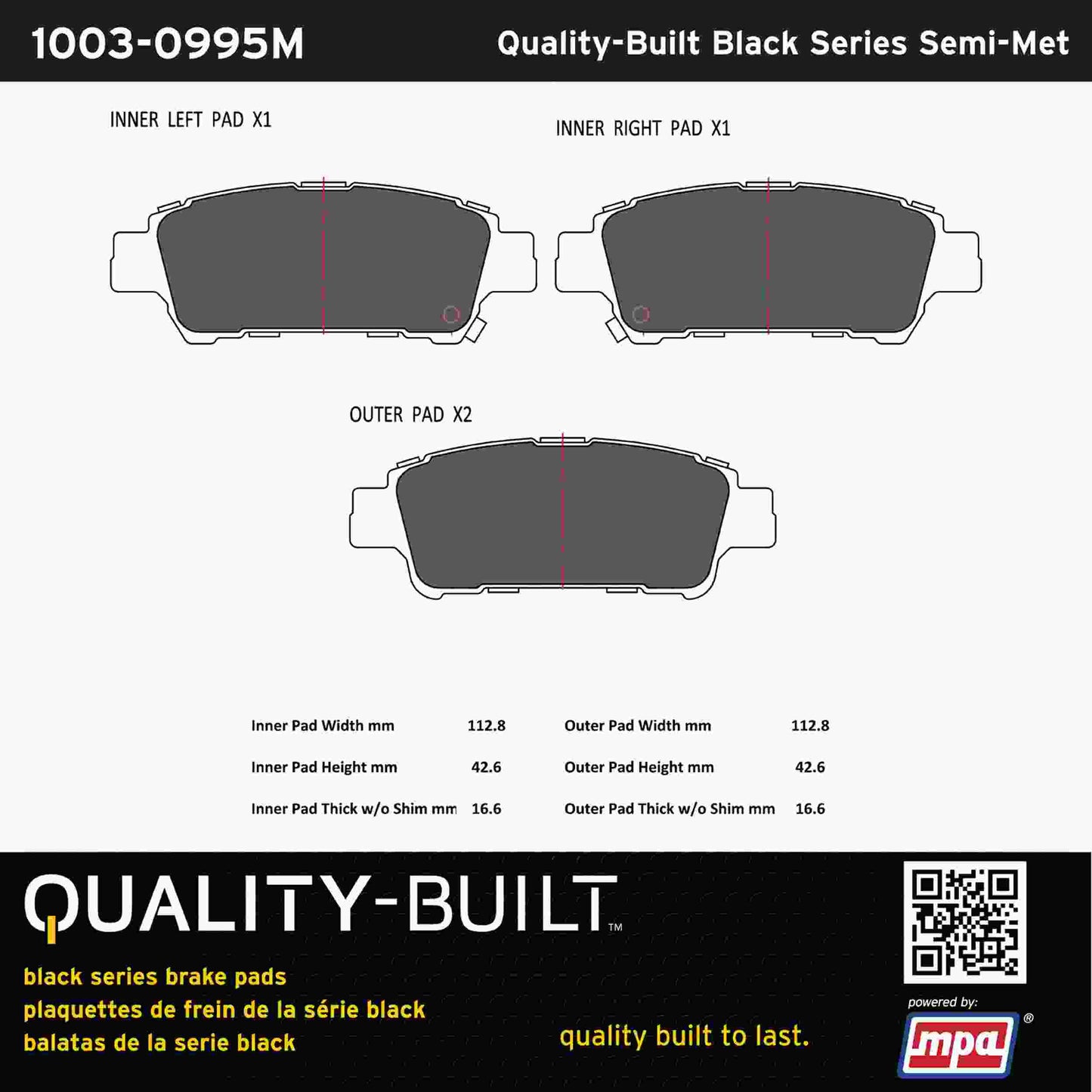 Quality-Built Black Series Semi-Metallic Brake Pads 1003-0995M
