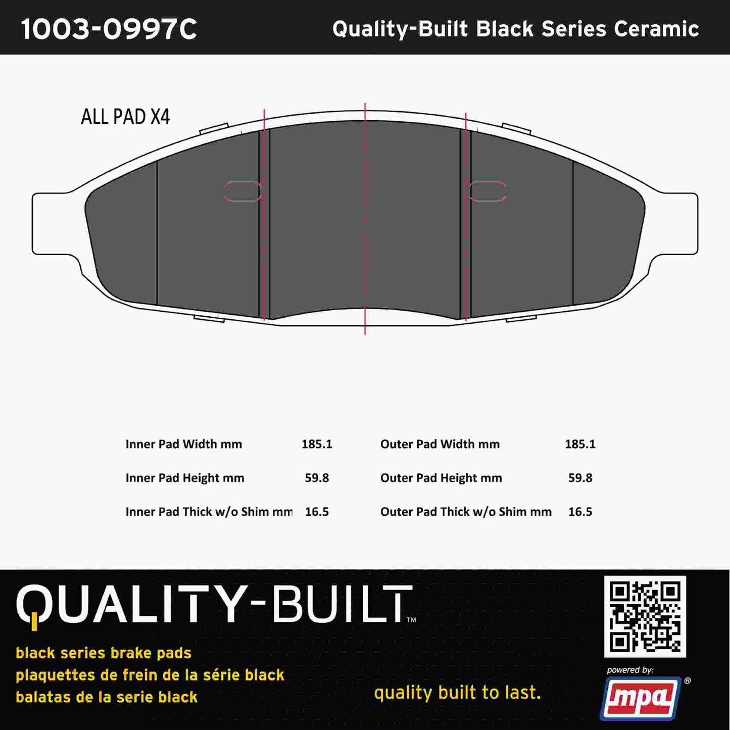 Quality-Built Black Series Ceramic Brake Pads 1003-0997C