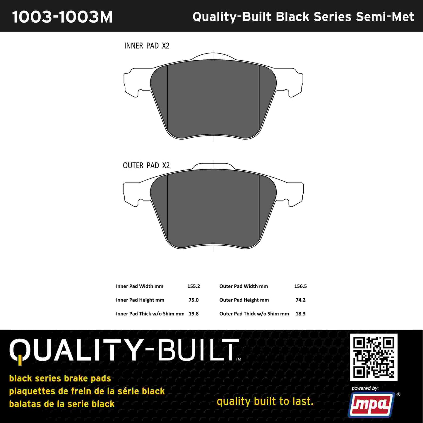 Quality-Built Black Series Semi-Metallic Brake Pads 1003-1003M