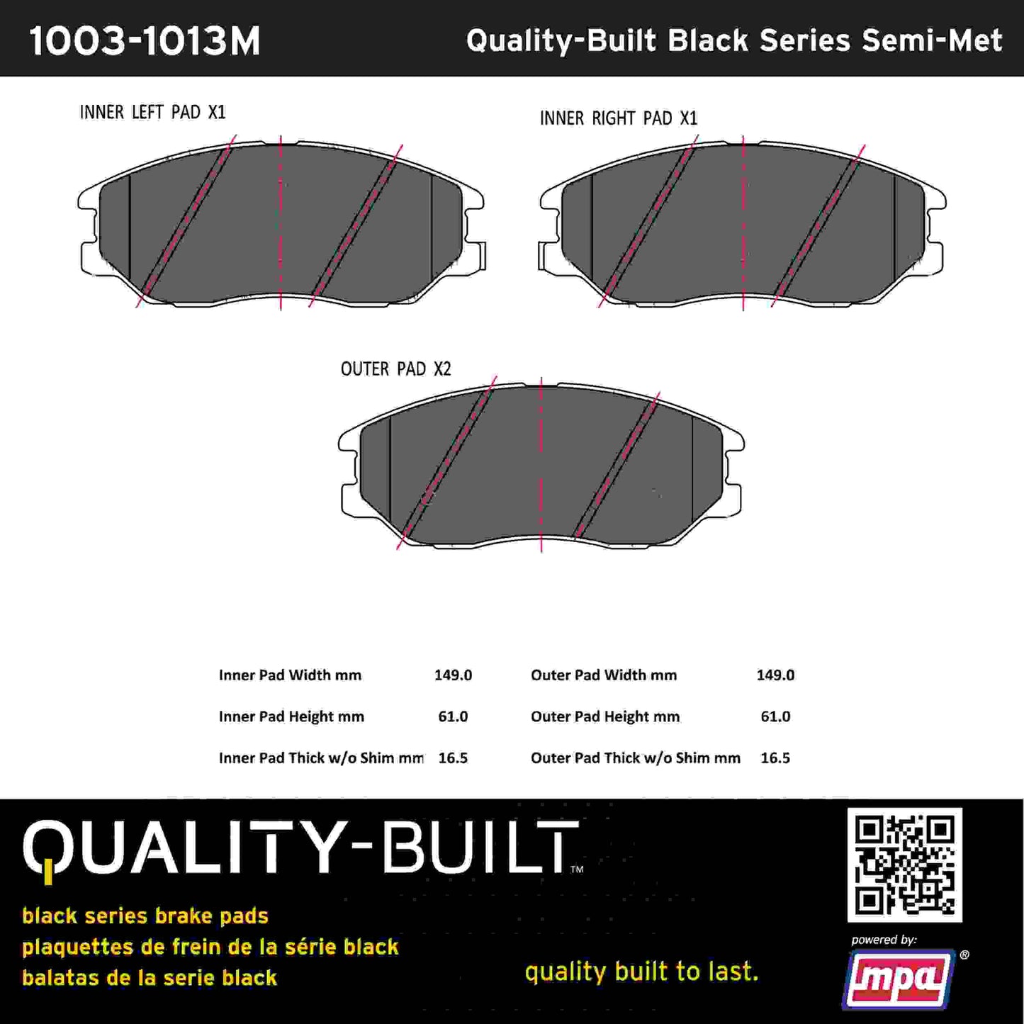 Quality-Built Black Series Semi-Metallic Brake Pads 1003-1013M