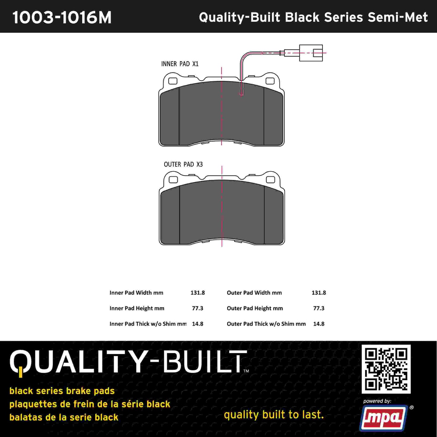 Quality-Built Black Series Semi-Metallic Brake Pads 1003-1016M