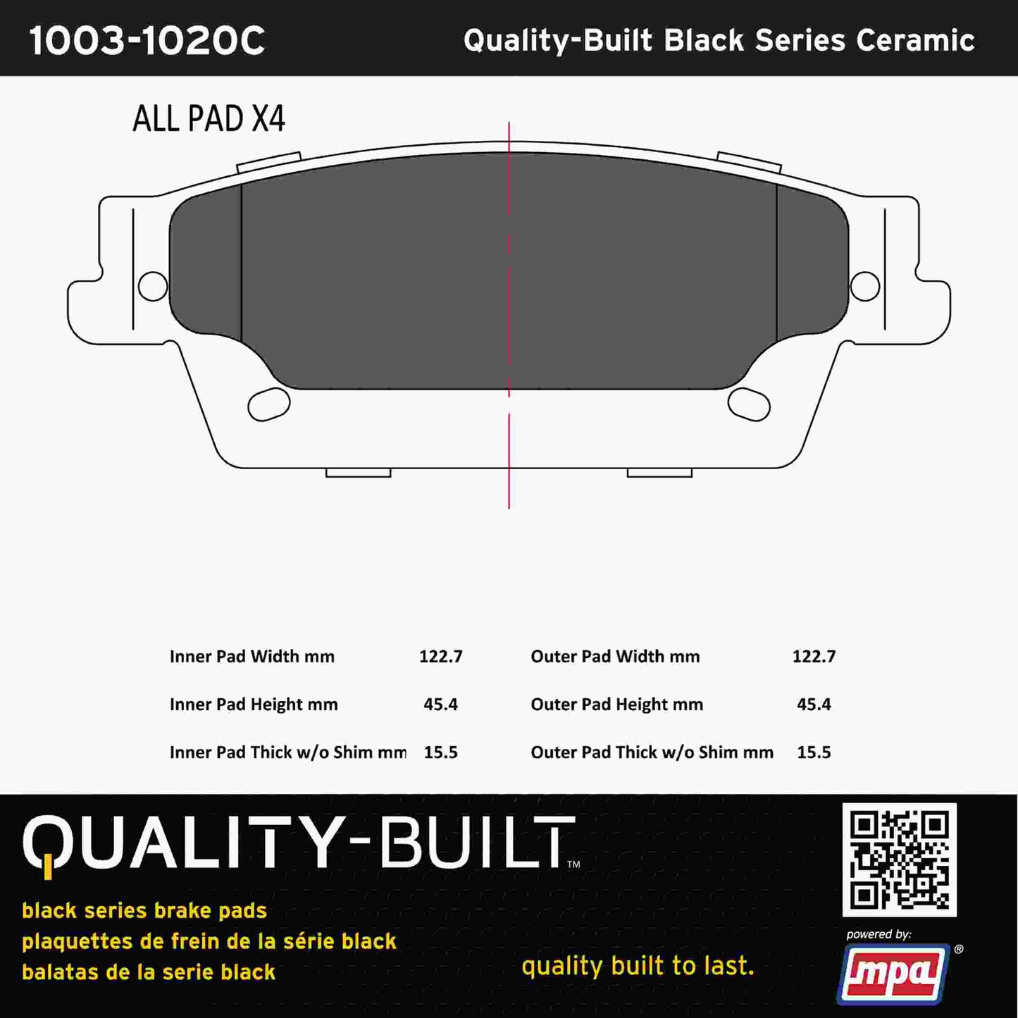 Quality-Built Black Series Ceramic Brake Pads 1003-1020C