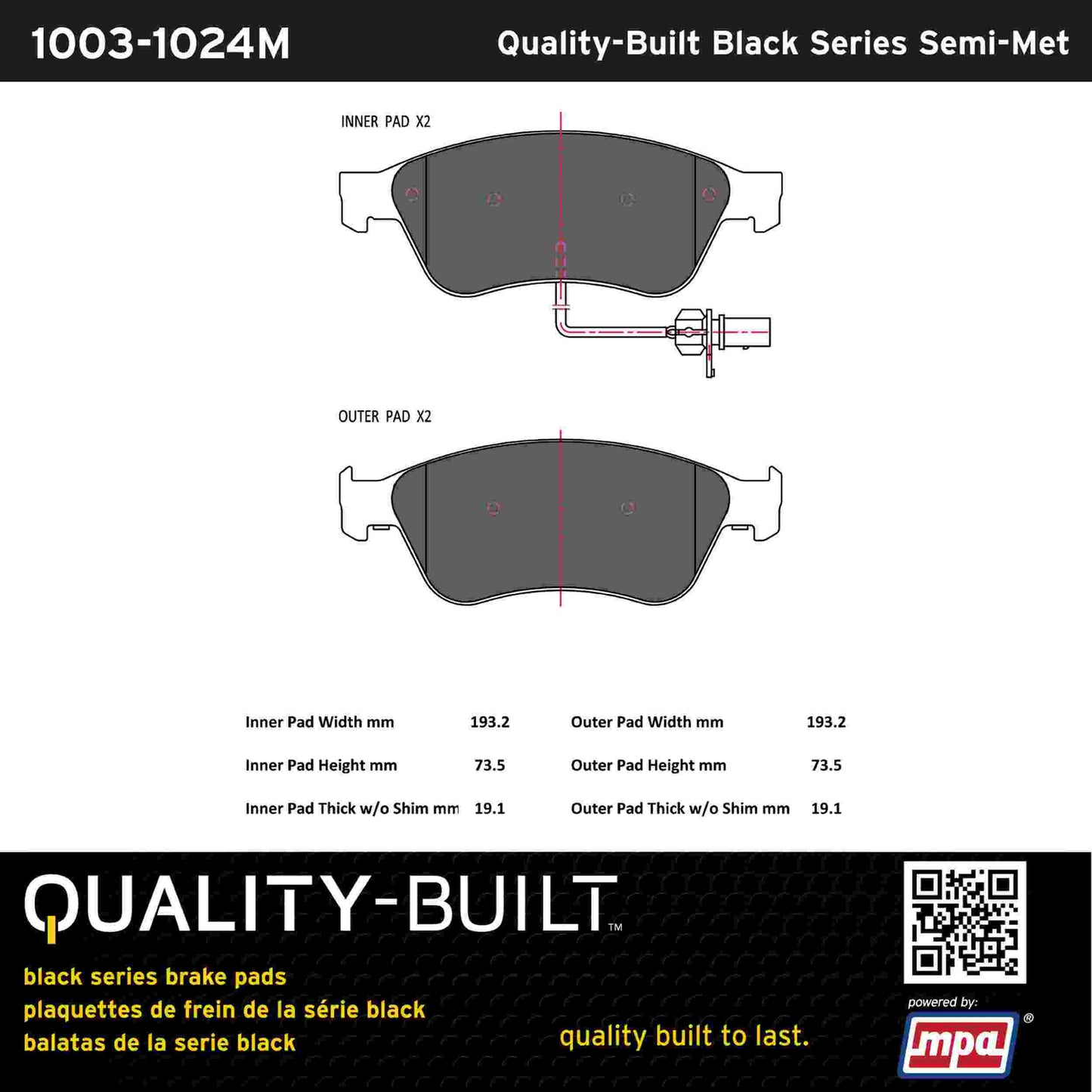 Quality-Built Black Series Semi-Metallic Brake Pads 1003-1024M