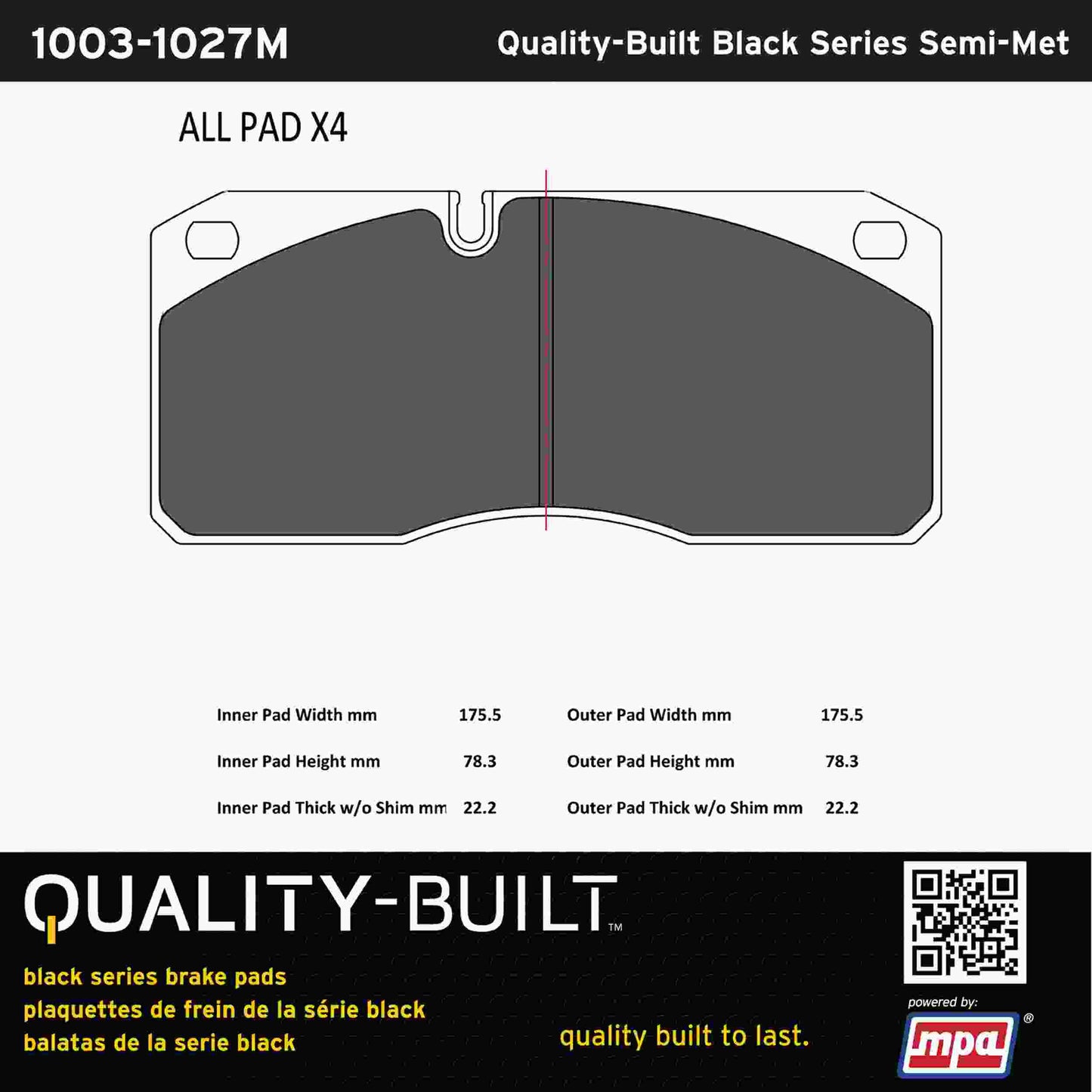 Quality-Built Black Series Semi-Metallic Brake Pads 1003-1027M