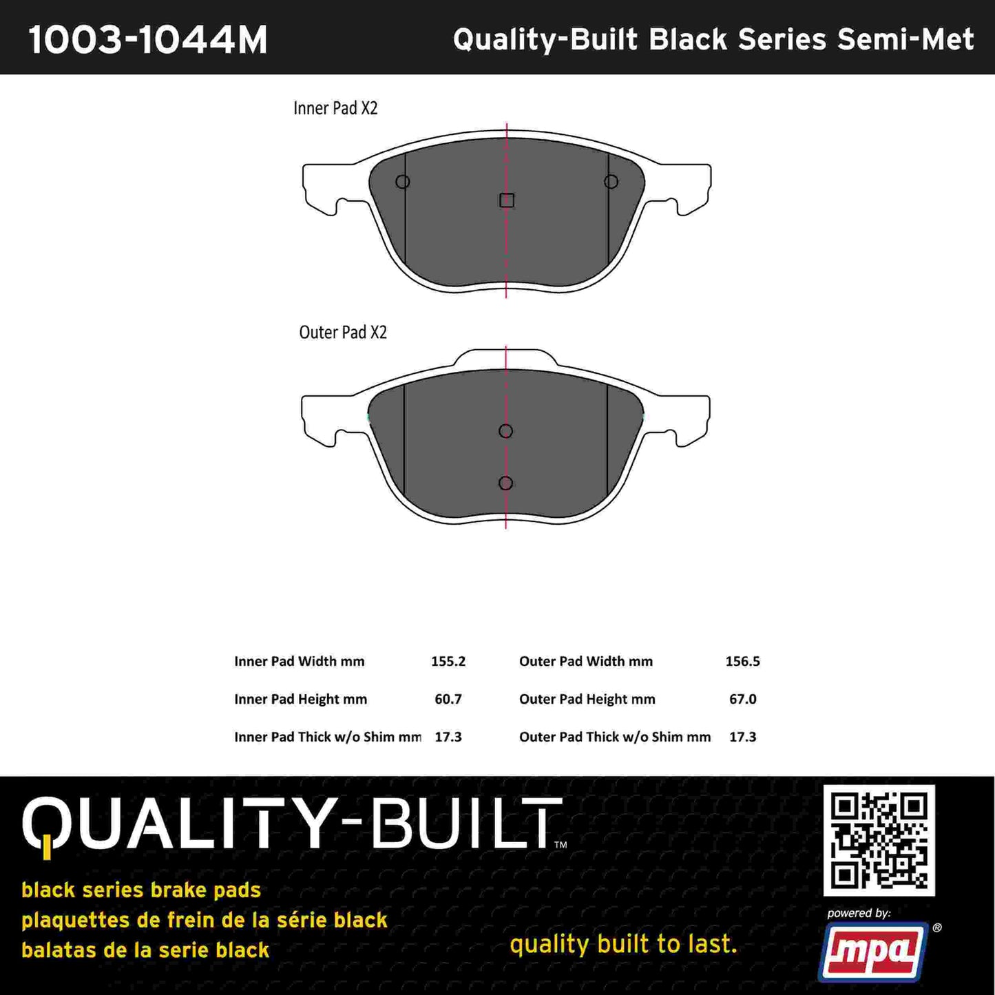 Quality-Built Black Series Semi-Metallic Brake Pads 1003-1044M