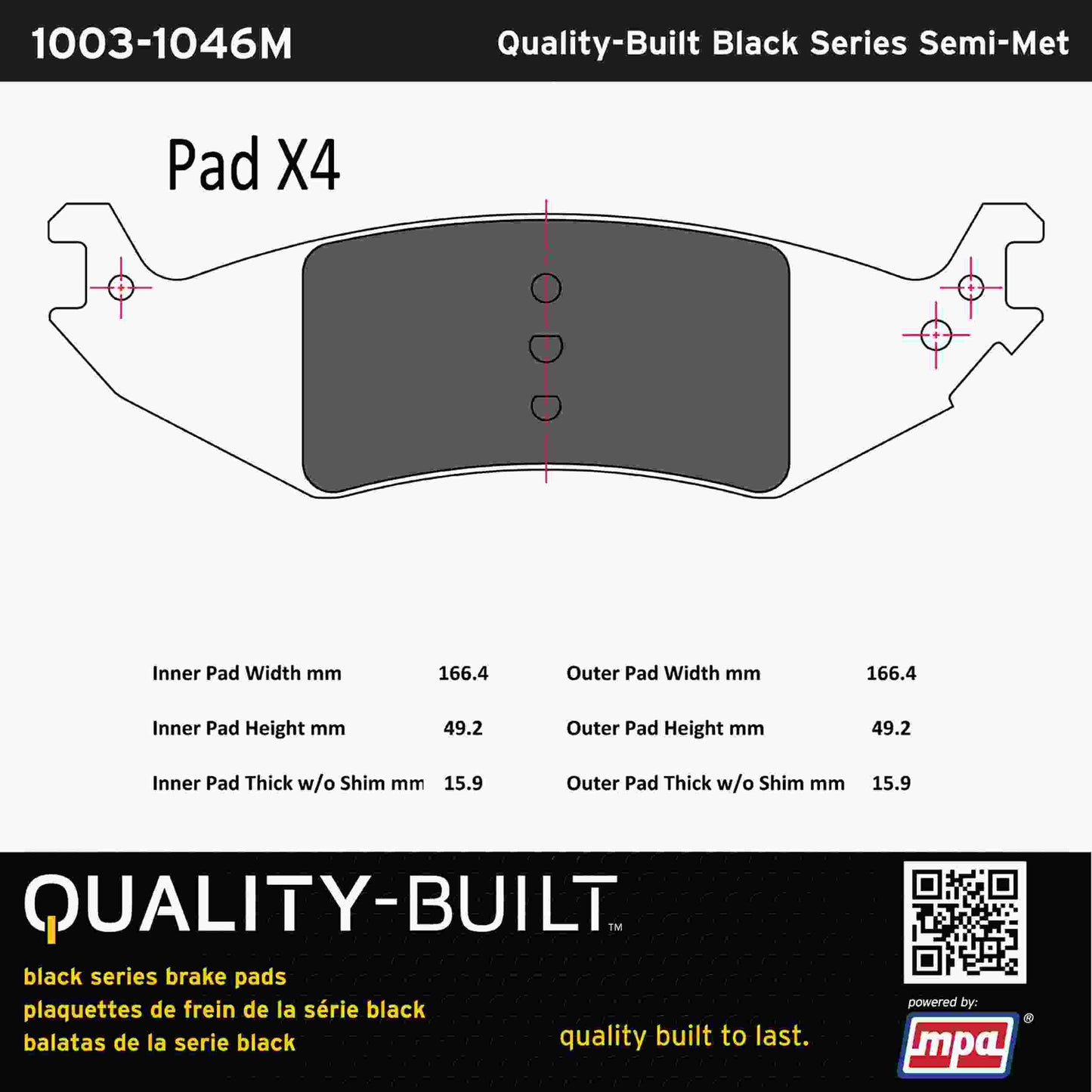 Quality-Built Black Series Semi-Metallic Brake Pads 1003-1046M