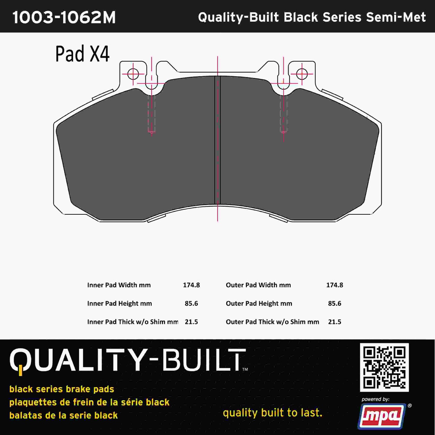 Quality-Built Black Series Semi-Metallic Brake Pads 1003-1062M