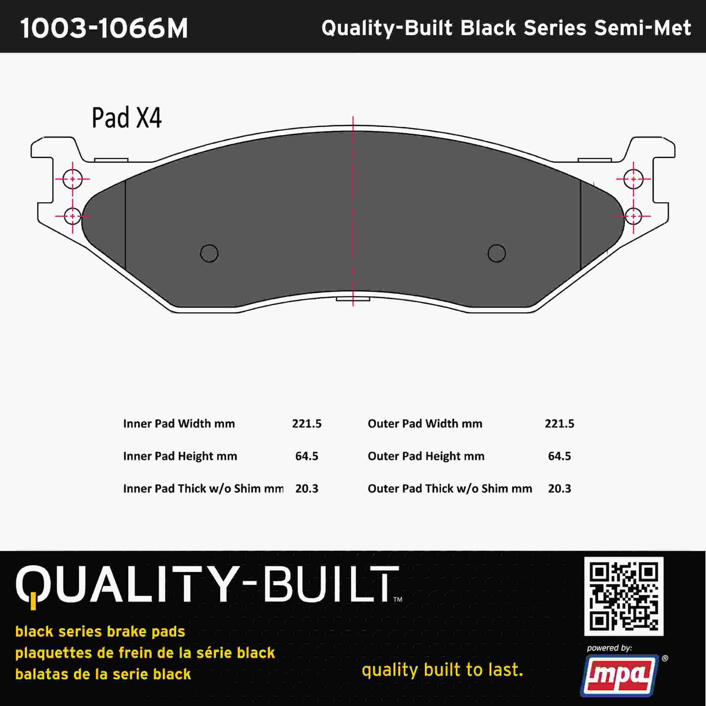 Quality-Built Black Series Semi-Metallic Brake Pads 1003-1066M