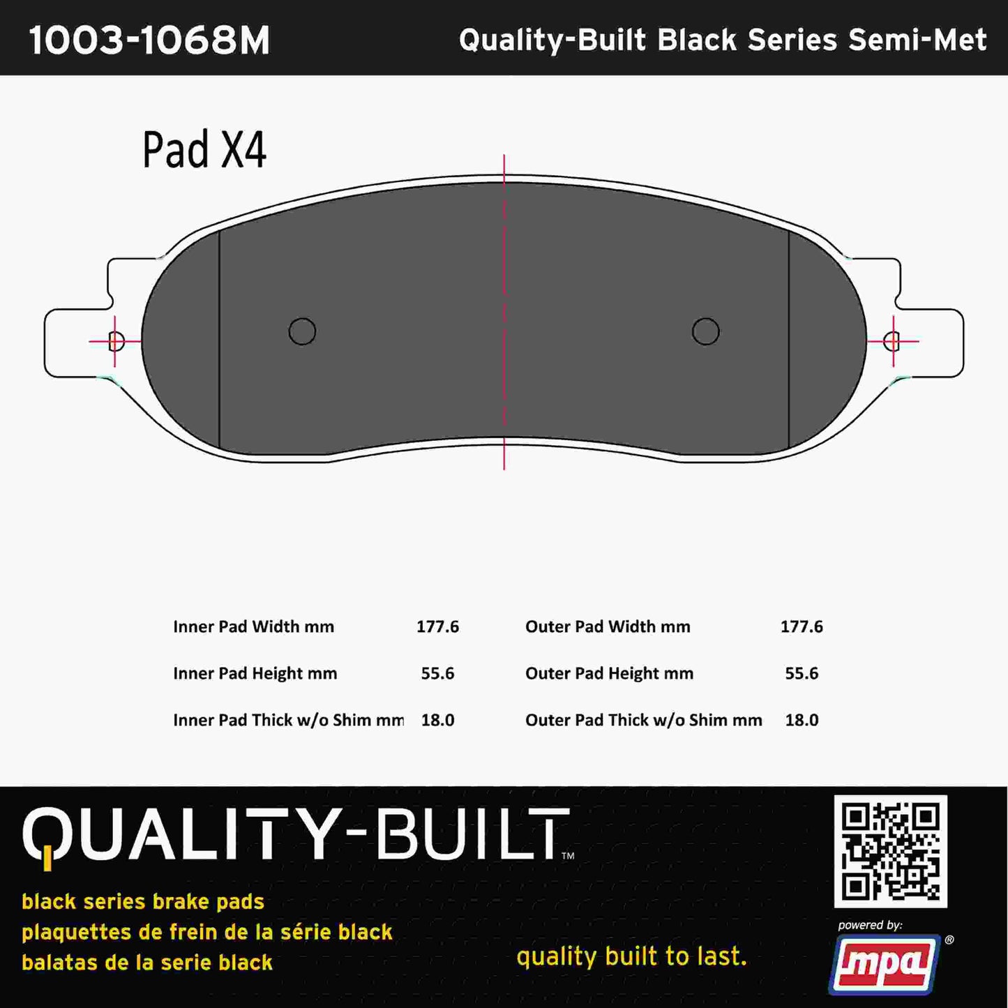 Quality-Built Black Series Semi-Metallic Brake Pads 1003-1068M