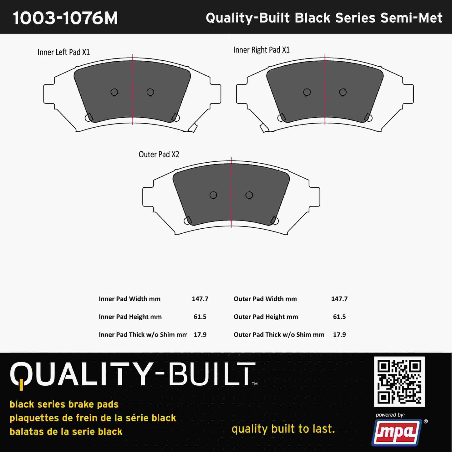 Quality-Built Black Series Semi-Metallic Brake Pads 1003-1076M