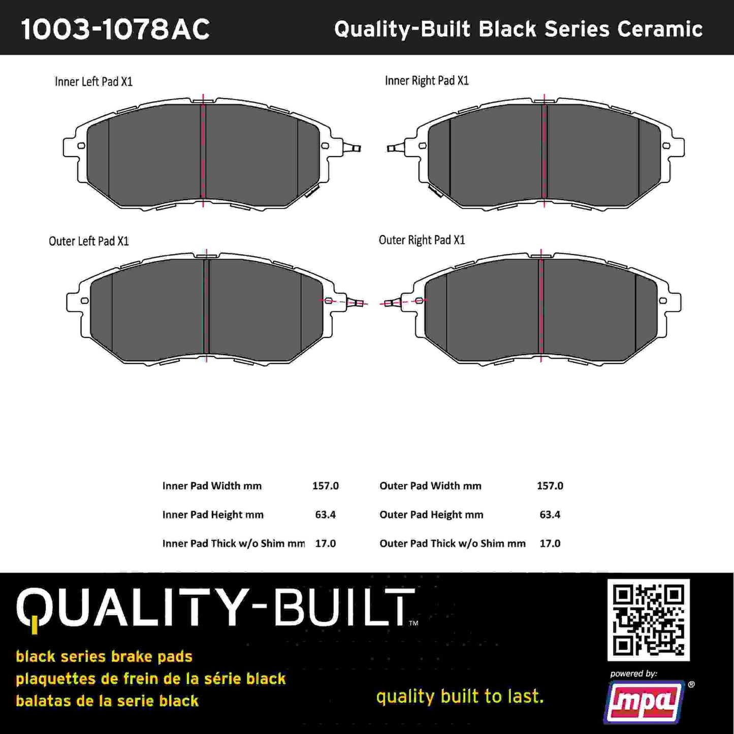 Quality-Built Black Series Ceramic Brake Pads 1003-1078AC