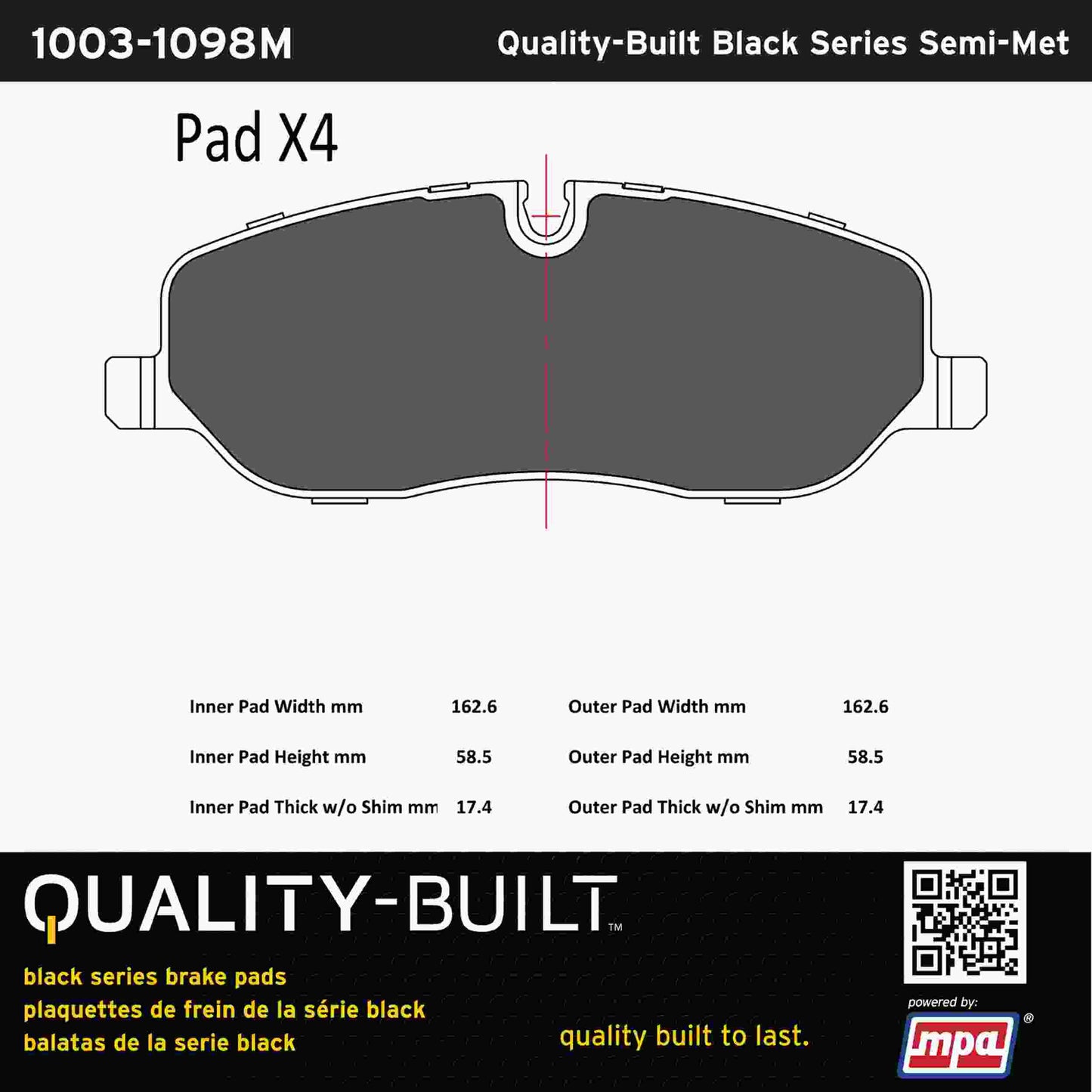 Quality-Built Black Series Semi-Metallic Brake Pads 1003-1098M