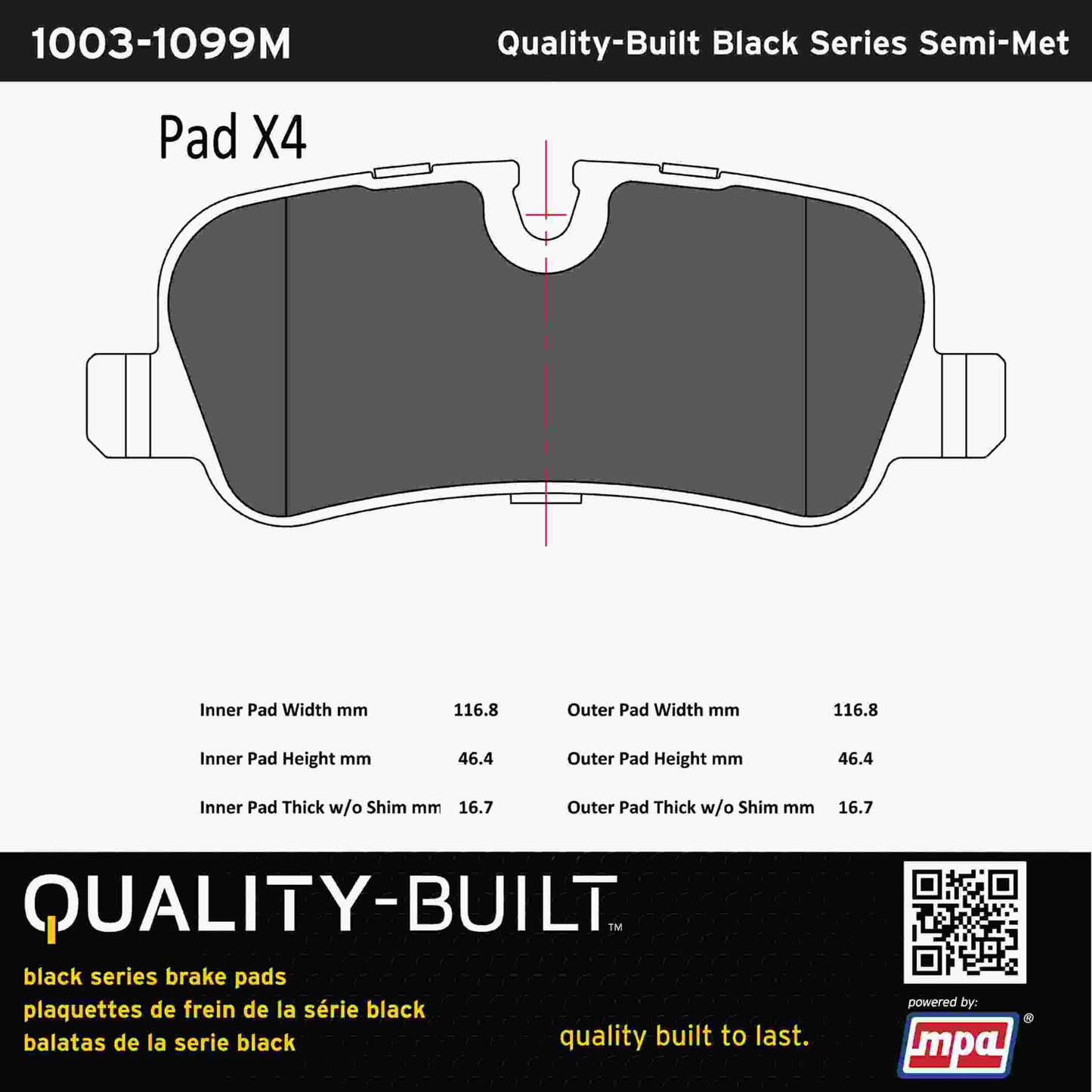 Quality-Built Black Series Semi-Metallic Brake Pads 1003-1099M