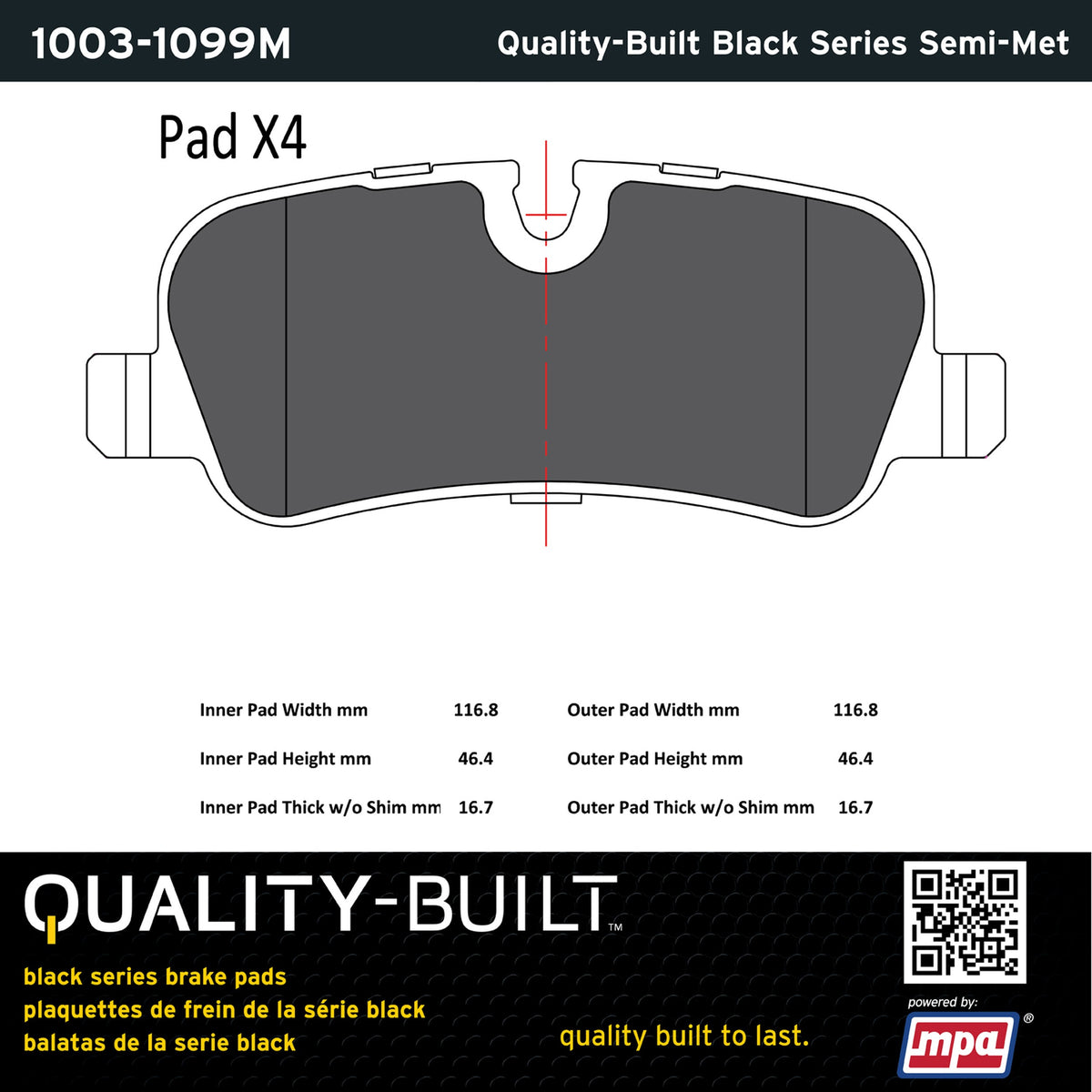 Quality-Built Black Series Semi-Metallic Brake Pads 1003-1099M