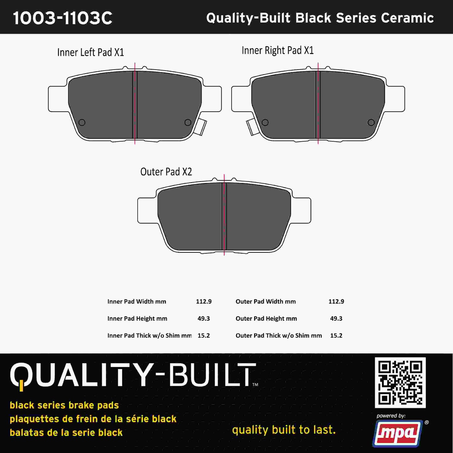 Quality-Built Black Series Ceramic Brake Pads 1003-1103C