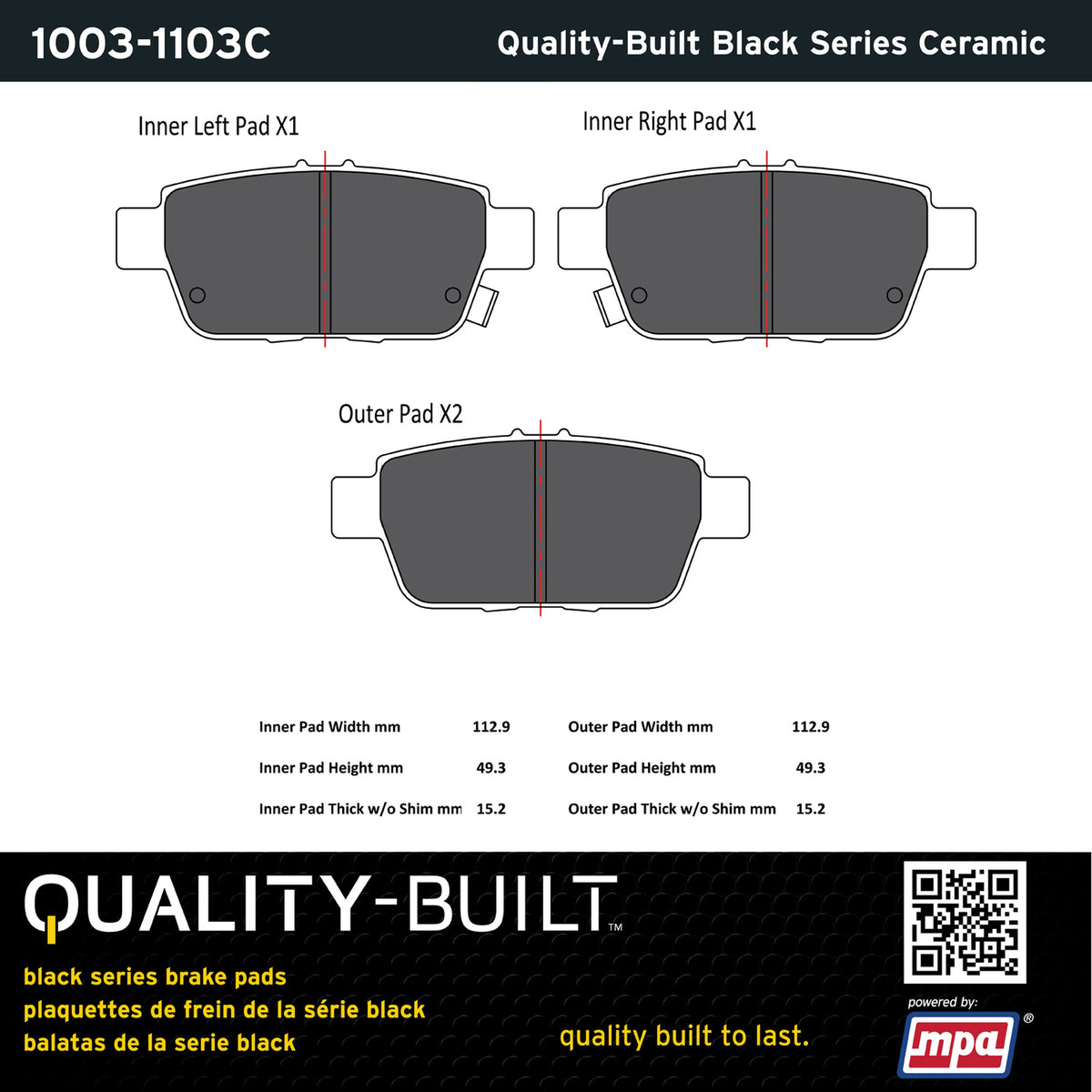Quality-Built Black Series Ceramic Brake Pads 1003-1103C