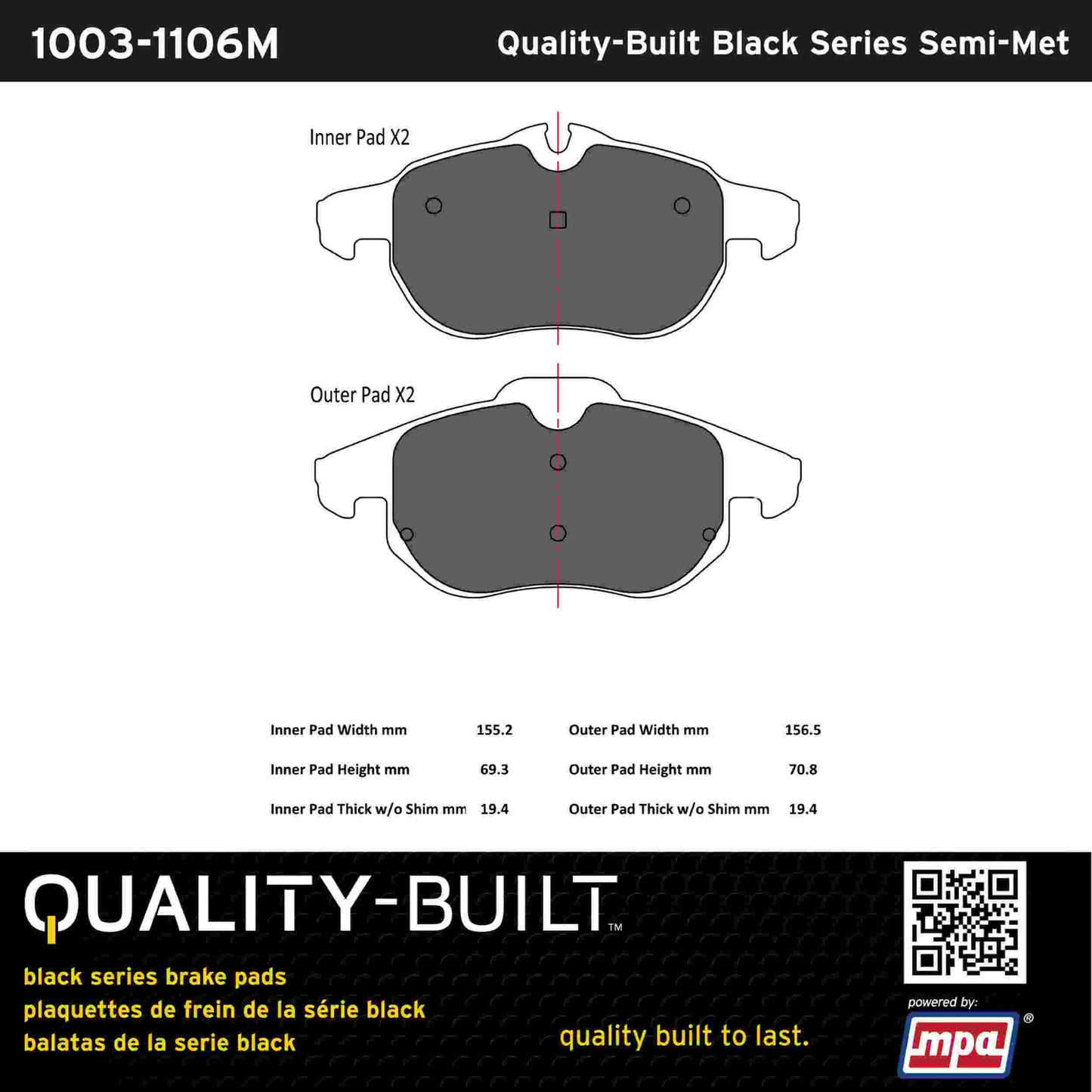 Quality-Built Black Series Semi-Metallic Brake Pads 1003-1106M