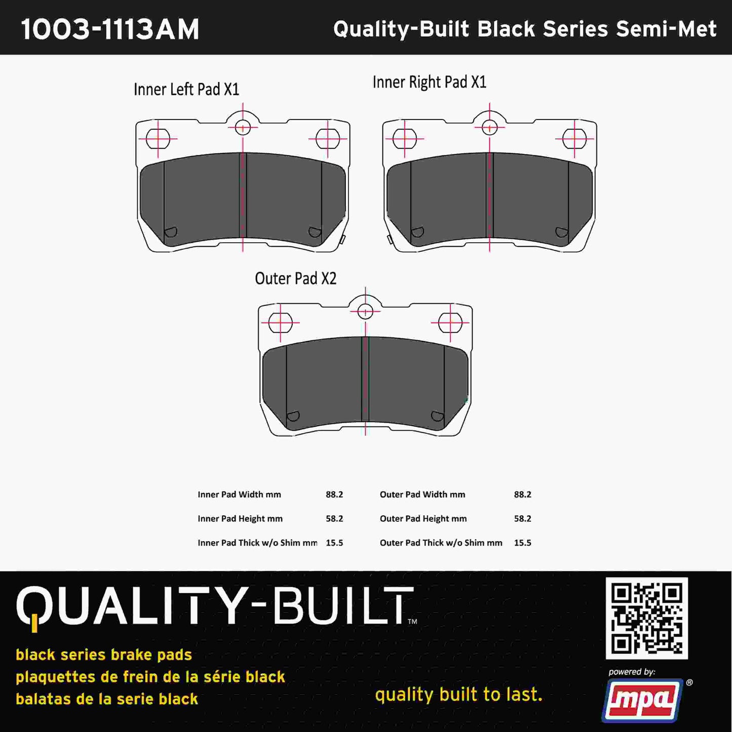 Quality-Built Black Series Semi-Metallic Brake Pads 1003-1113AM