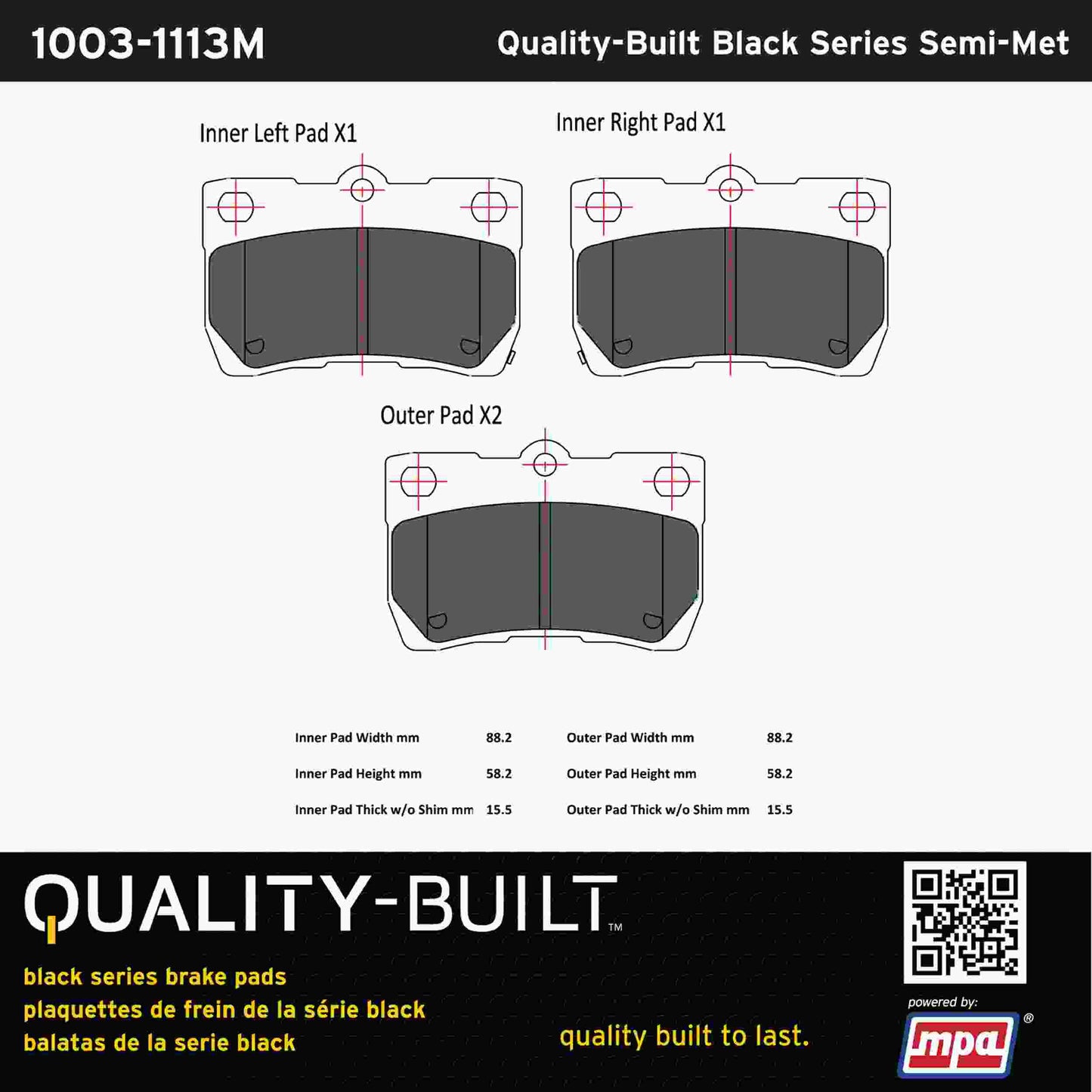 Quality-Built Black Series Semi-Metallic Brake Pads 1003-1113M