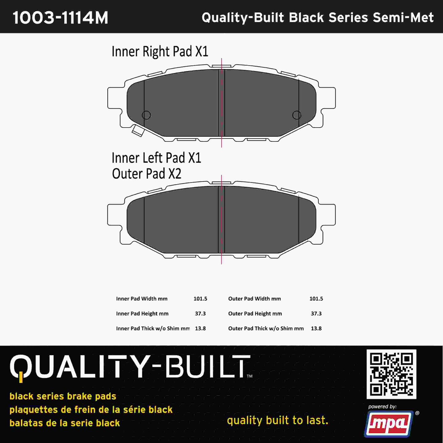 Quality-Built Black Series Semi-Metallic Brake Pads 1003-1114M