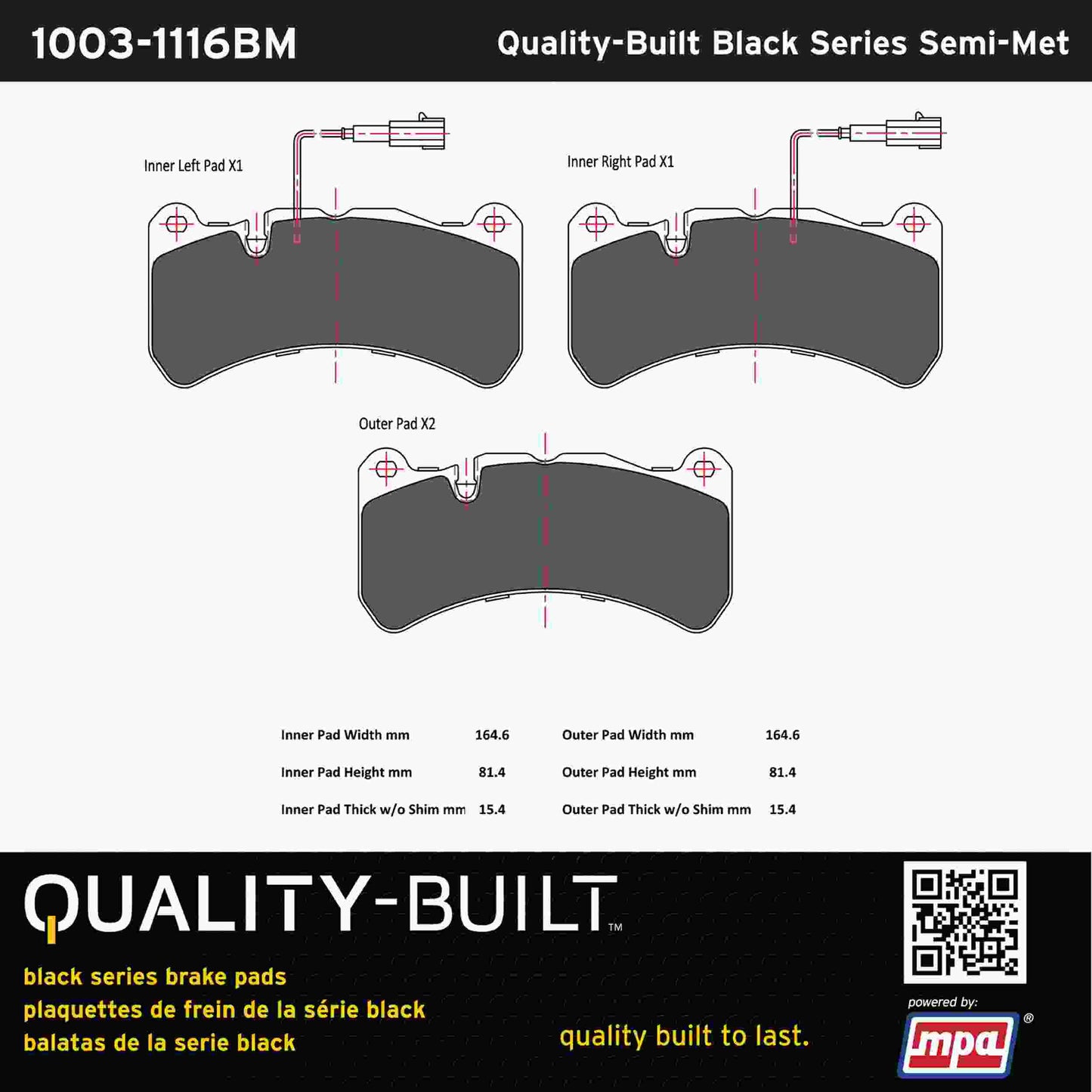 Quality-Built Black Series Semi-Metallic Brake Pads 1003-1116BM