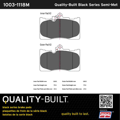 Quality-Built Black Series Semi-Metallic Brake Pads 1003-1118M