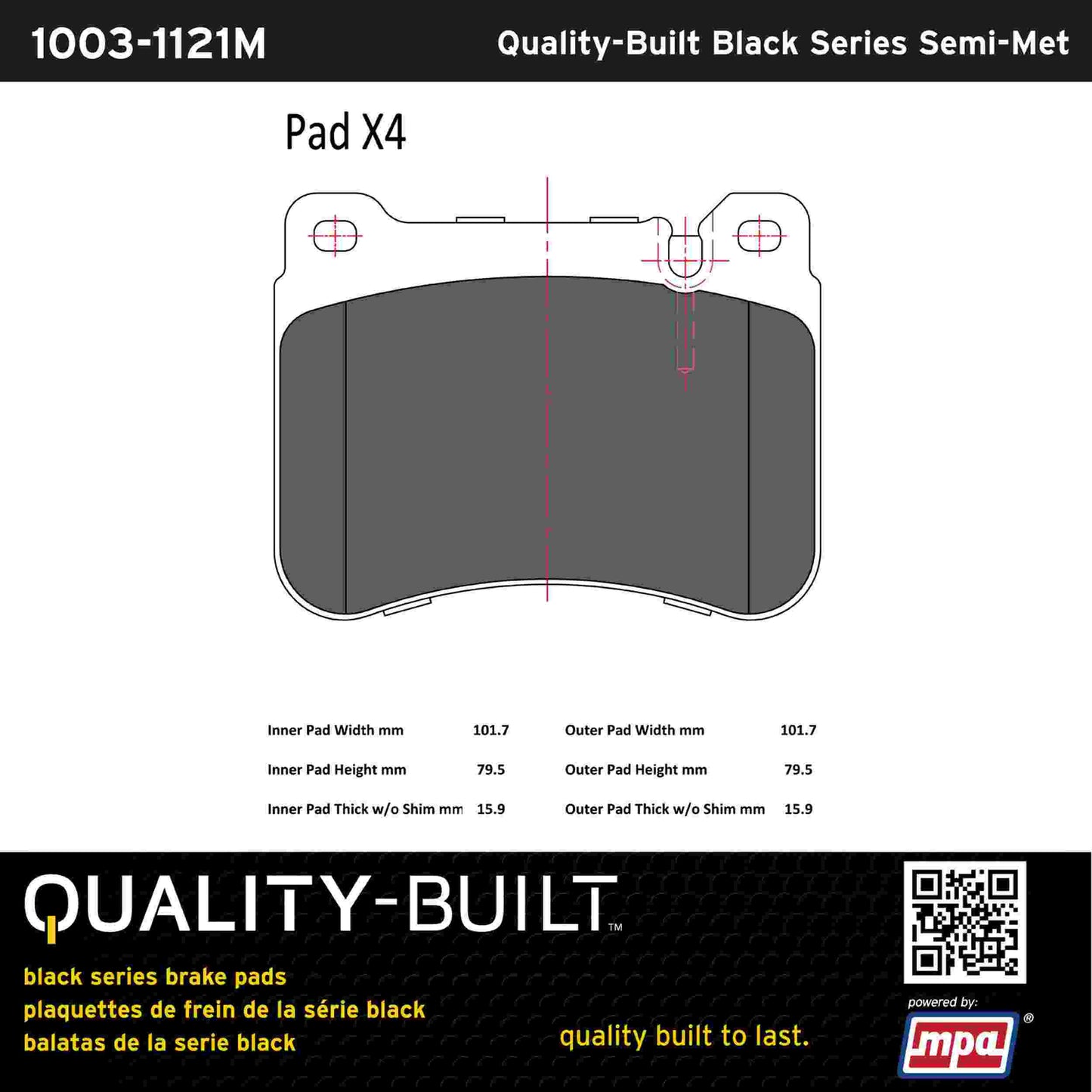 Quality-Built Black Series Semi-Metallic Brake Pads 1003-1121M