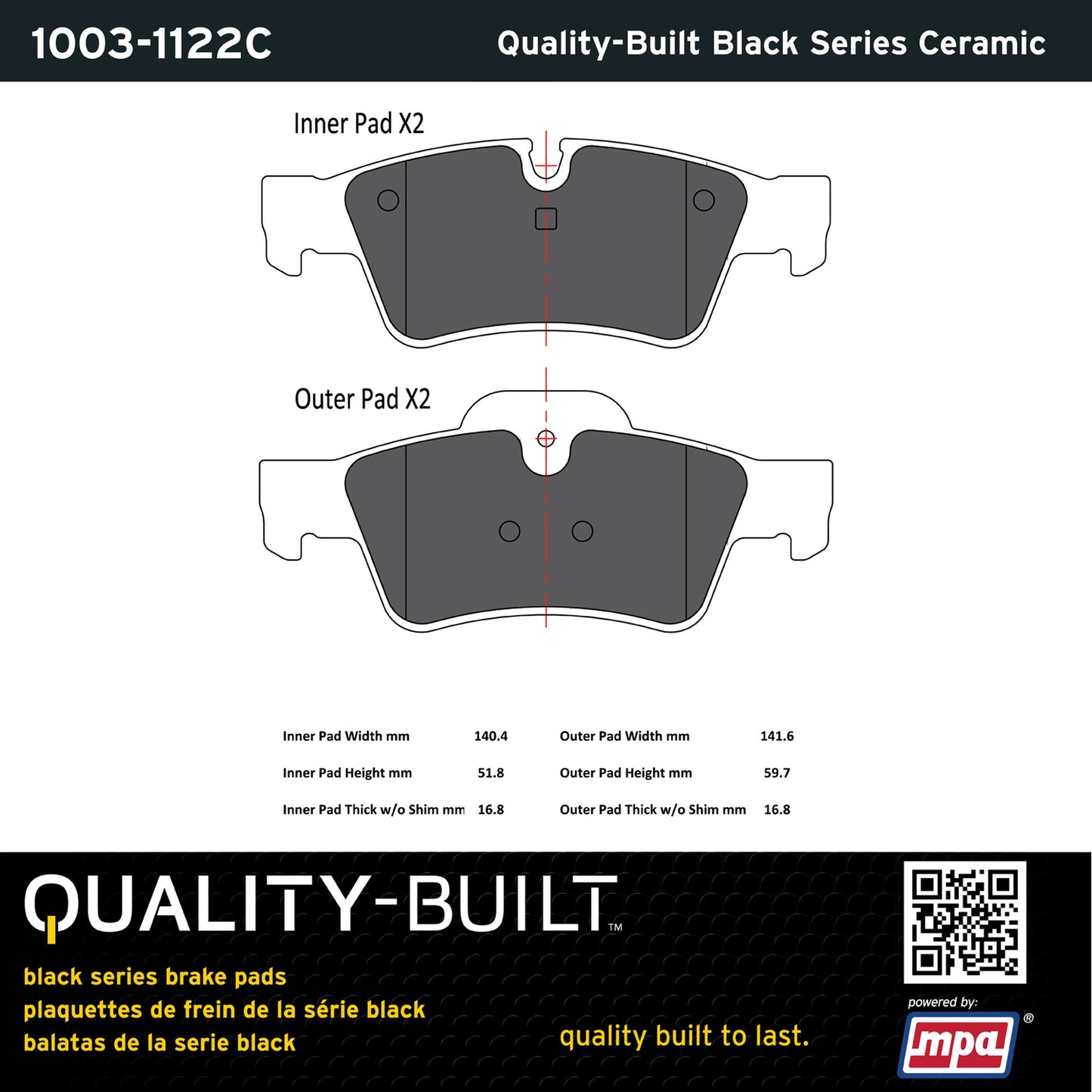 Quality-Built Black Series Ceramic Brake Pads 1003-1122C