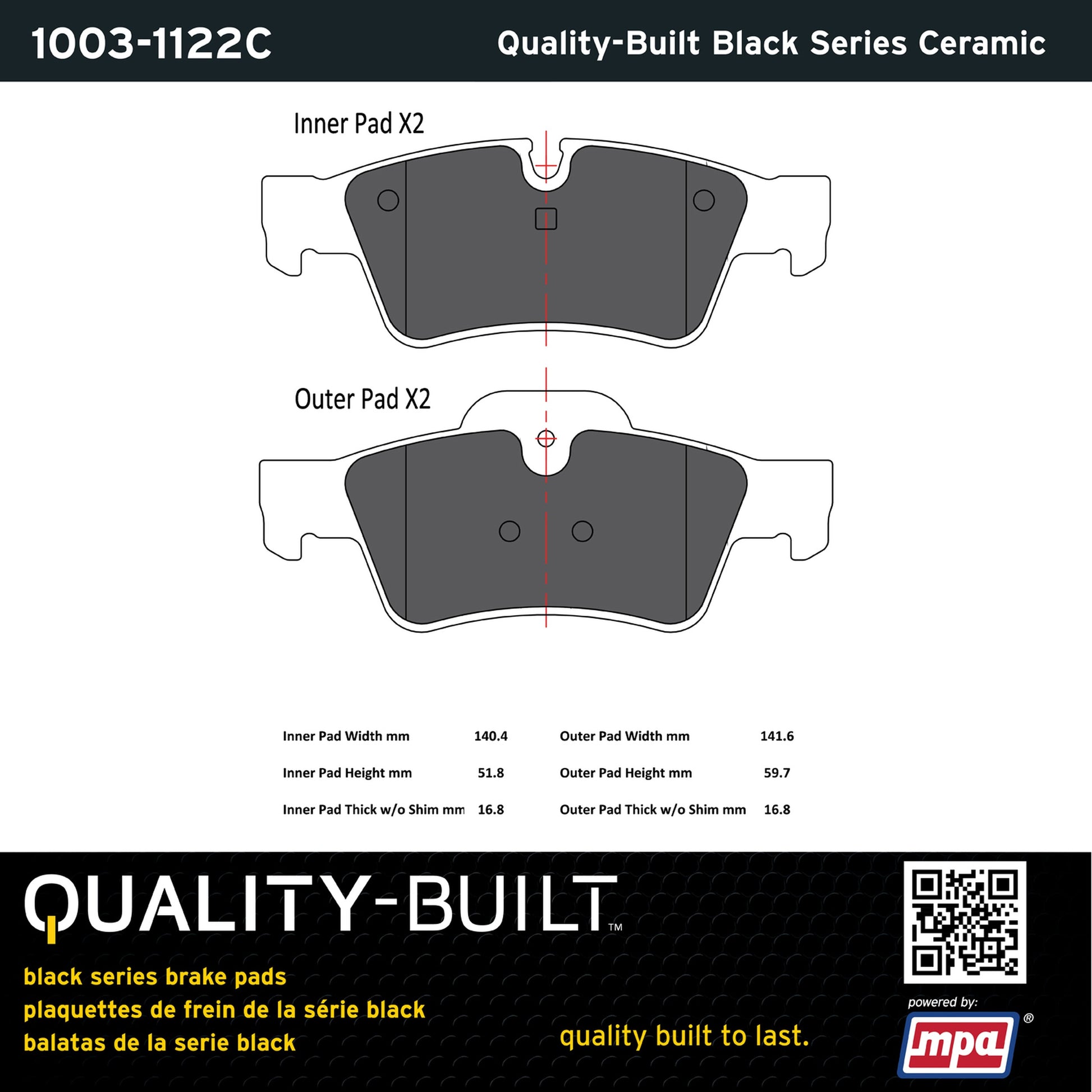 Quality-Built Black Series Ceramic Brake Pads 1003-1122C