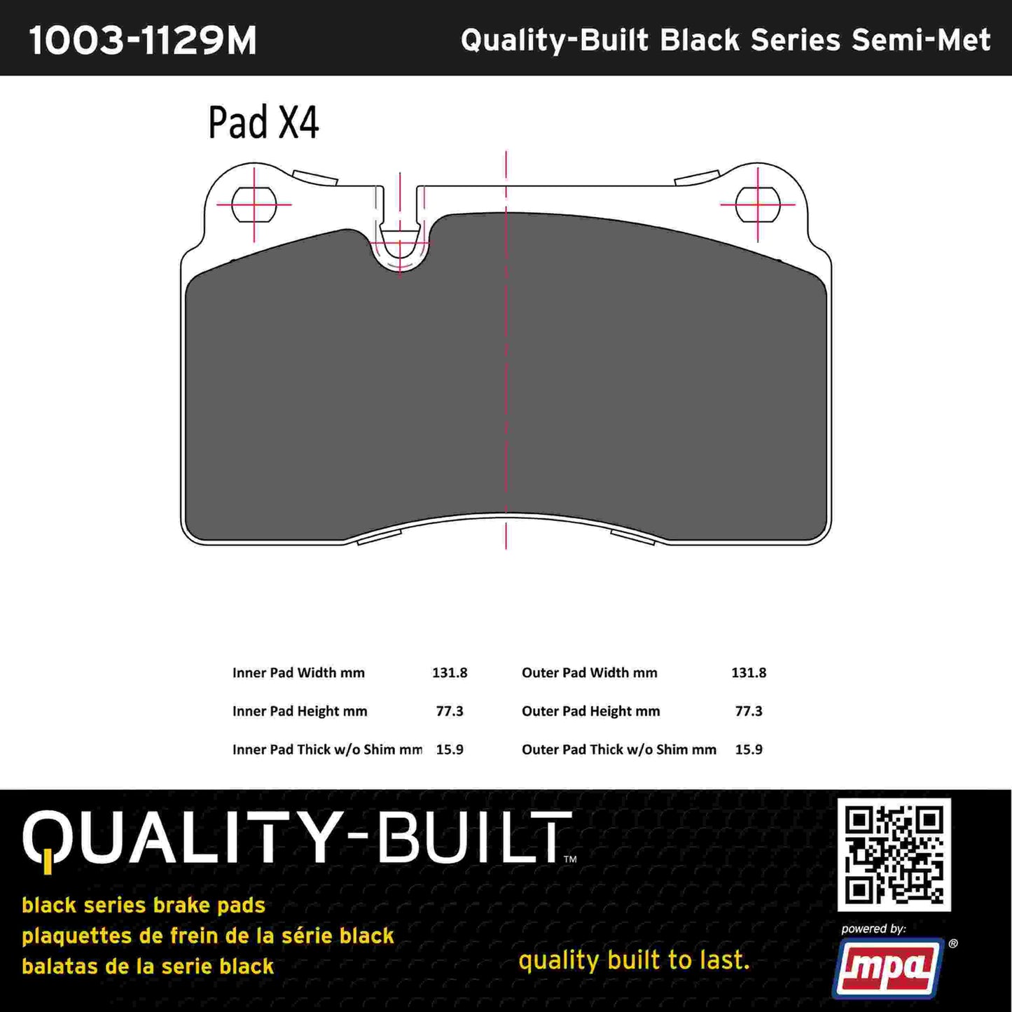 Quality-Built Black Series Semi-Metallic Brake Pads 1003-1129M
