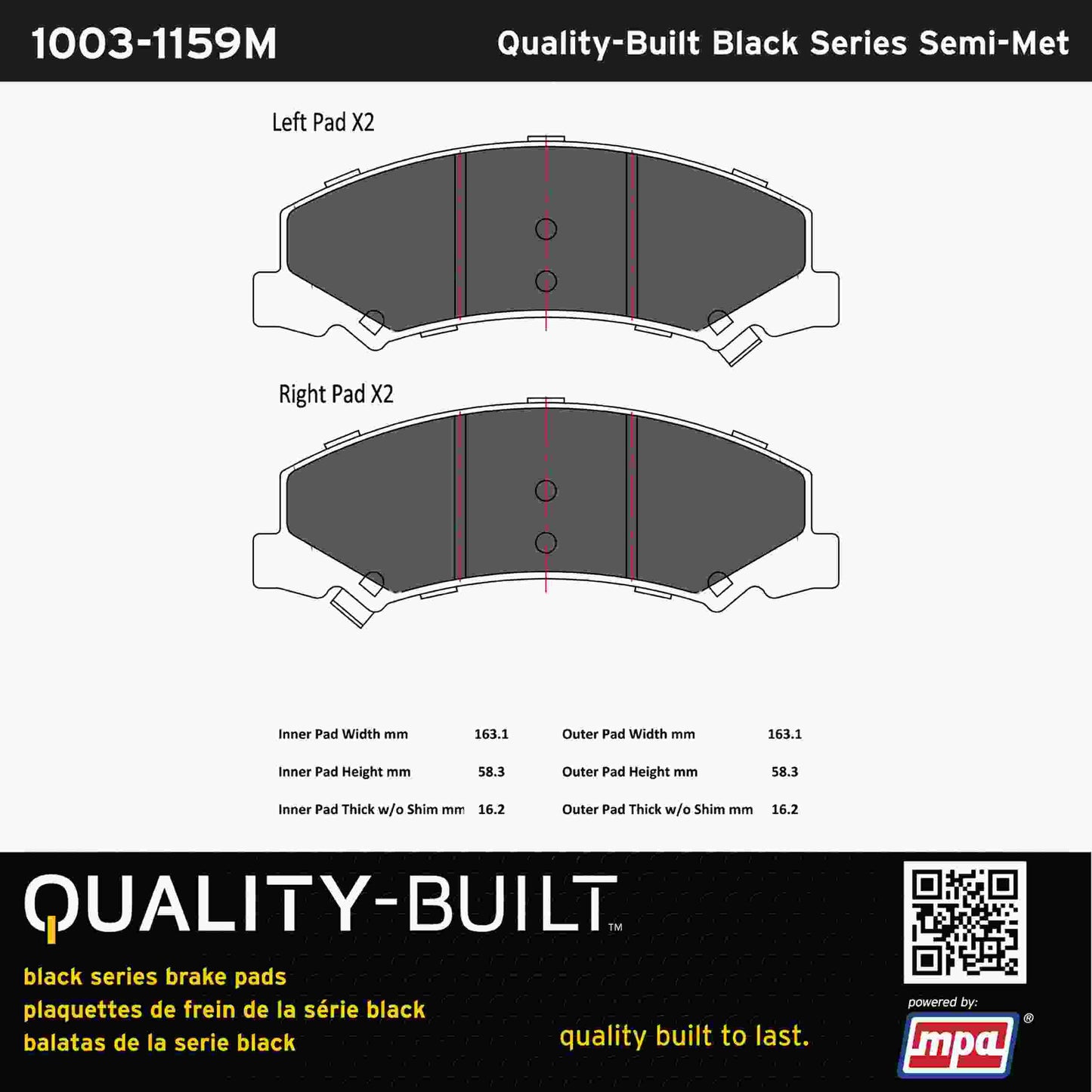 Quality-Built Black Series Semi-Metallic Brake Pads 1003-1159M