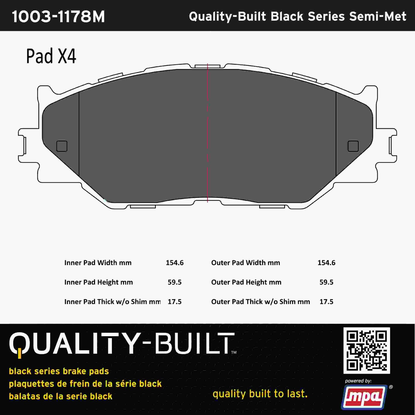 Quality-Built Black Series Semi-Metallic Brake Pads 1003-1178M