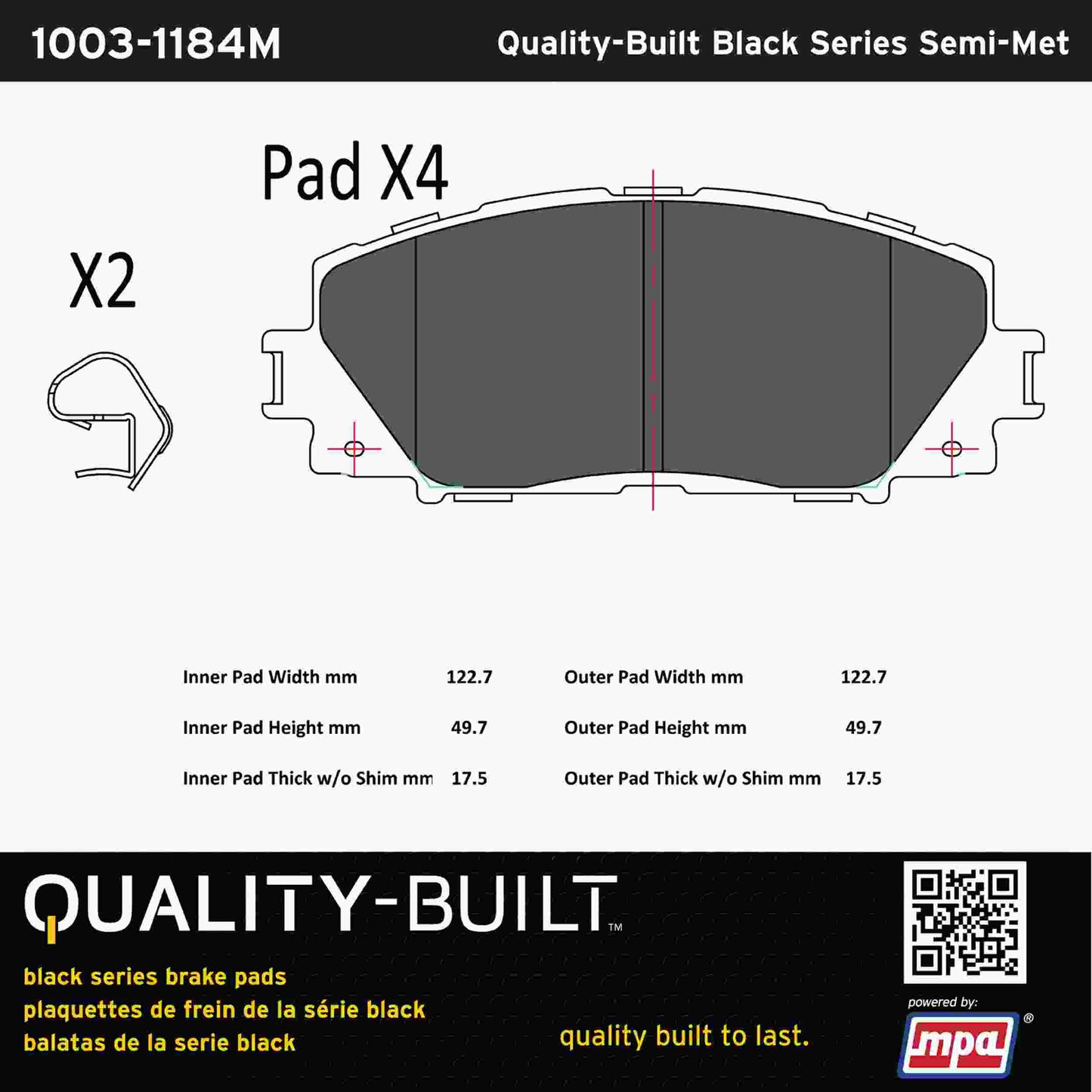 Quality-Built Black Series Semi-Metallic Brake Pads 1003-1184M
