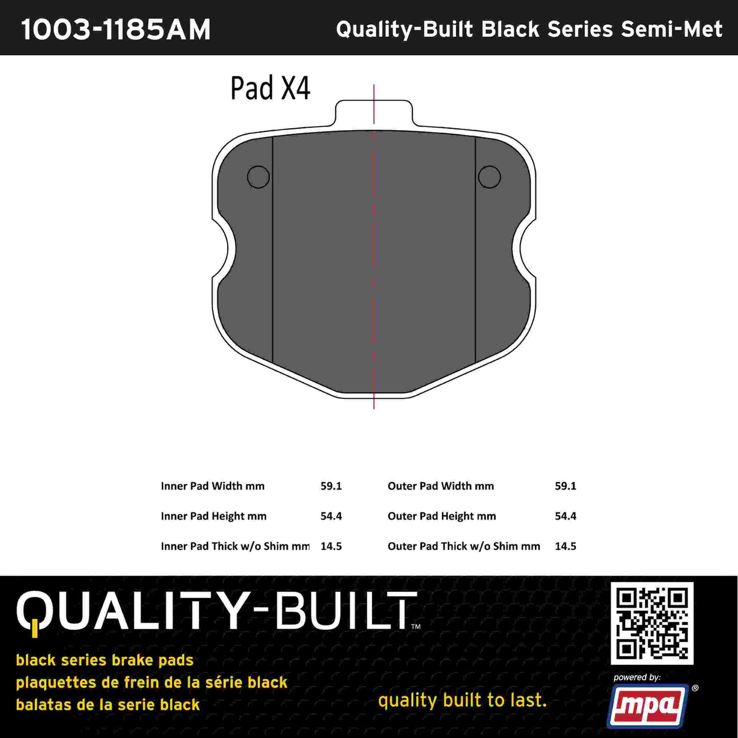 Quality-Built Black Series Semi-Metallic Brake Pads 1003-1185AM