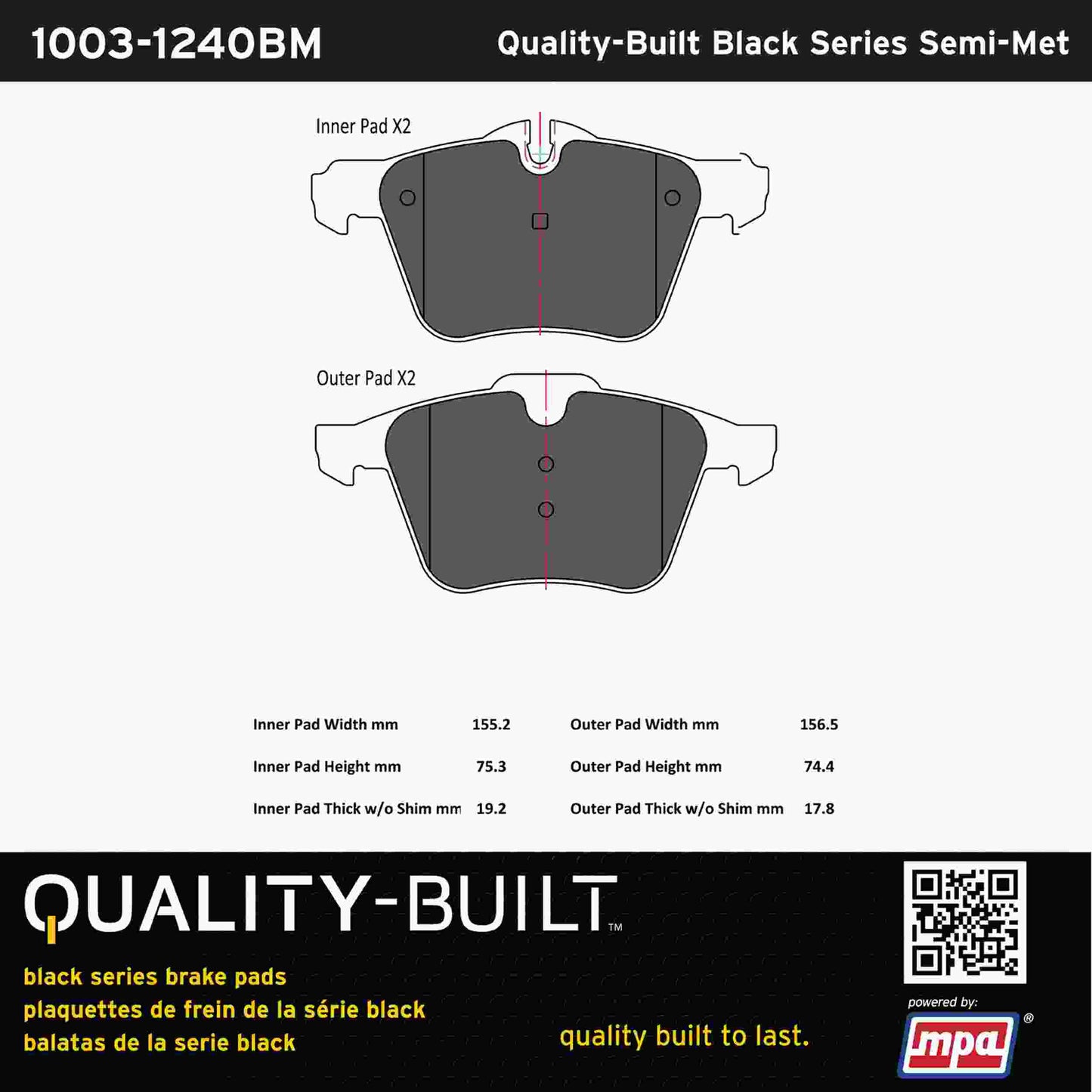 Quality-Built Black Series Semi-Metallic Brake Pads 1003-1240BM