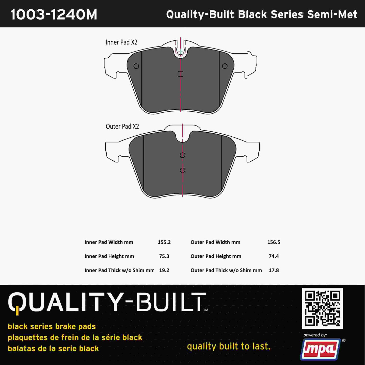 Quality-Built Black Series Semi-Metallic Brake Pads 1003-1240M