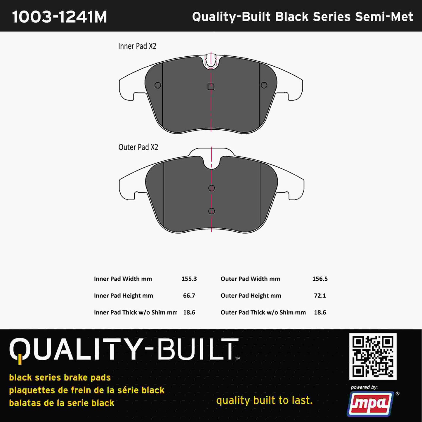 Quality-Built Black Series Semi-Metallic Brake Pads 1003-1241M