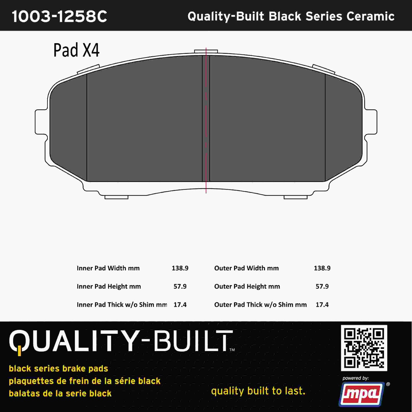 Quality-Built Black Series Ceramic Brake Pads 1003-1258C
