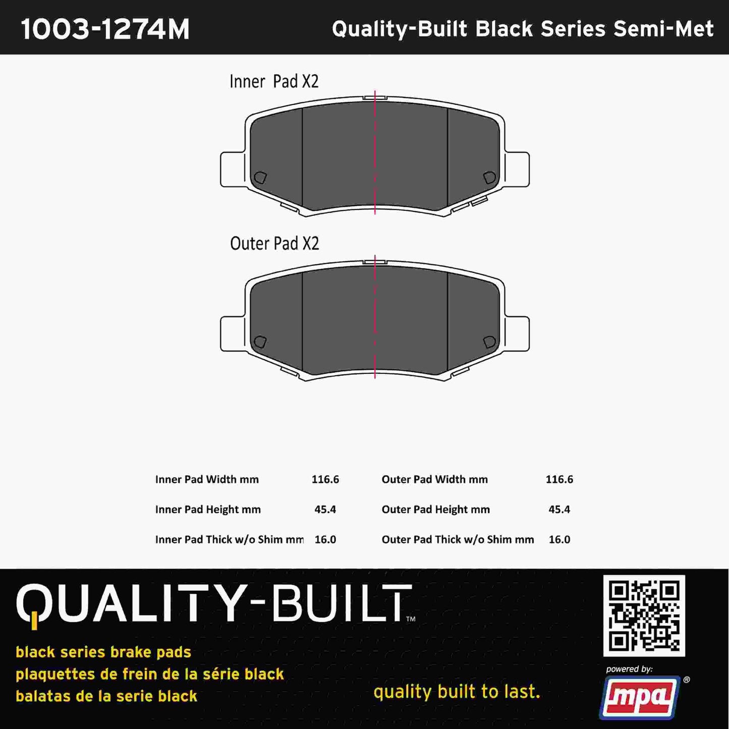 Quality-Built Black Series Semi-Metallic Brake Pads 1003-1274M