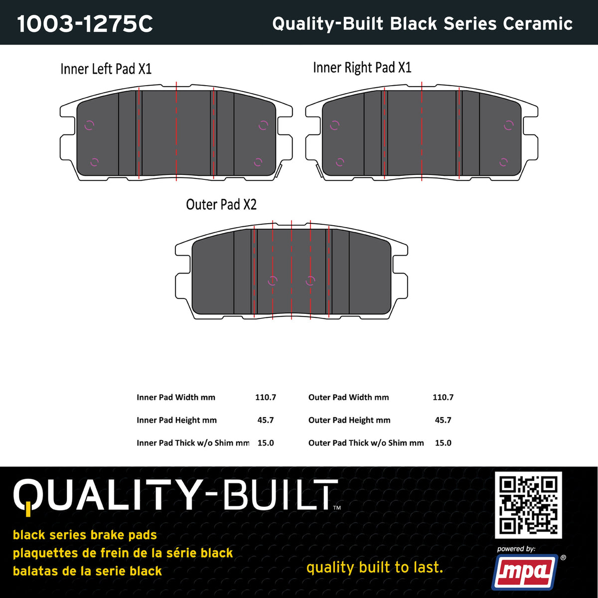 Quality-Built Black Series Ceramic Brake Pads 1003-1275C