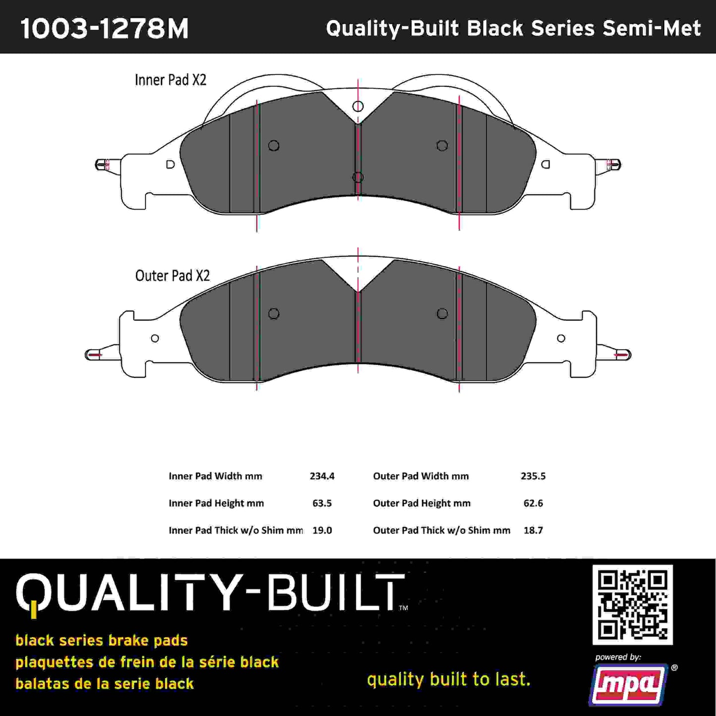 Quality-Built Black Series Semi-Metallic Brake Pads 1003-1278M