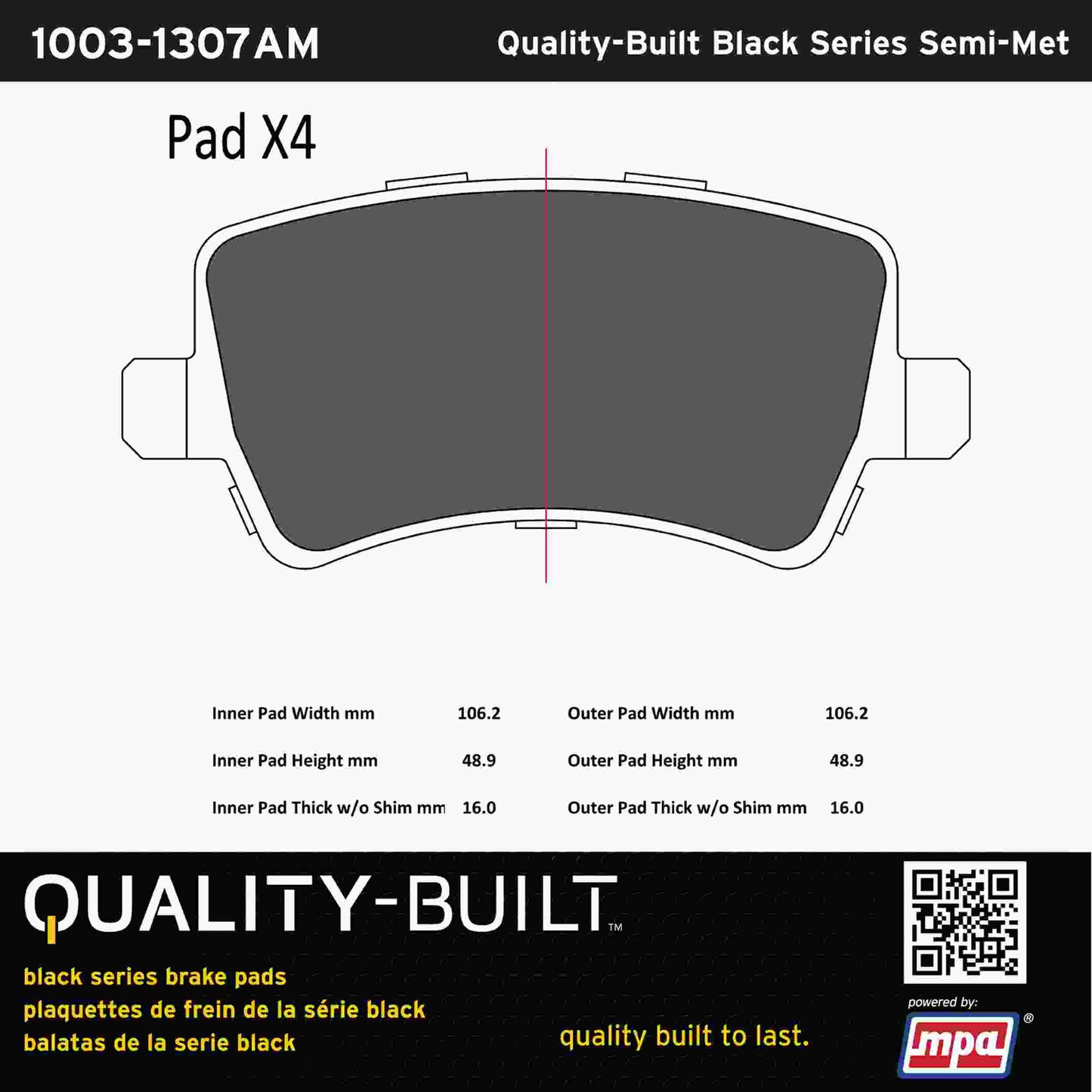 Quality-Built Black Series Semi-Metallic Brake Pads 1003-1307AM